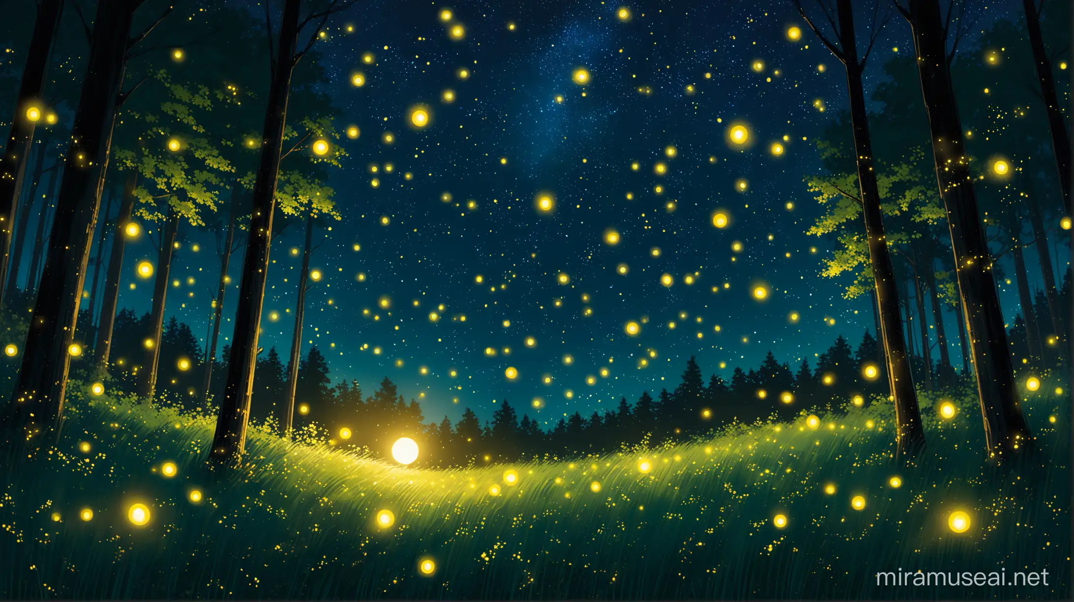 Mystical Forest Scene WindExtinguished Fireflies under Moonlight