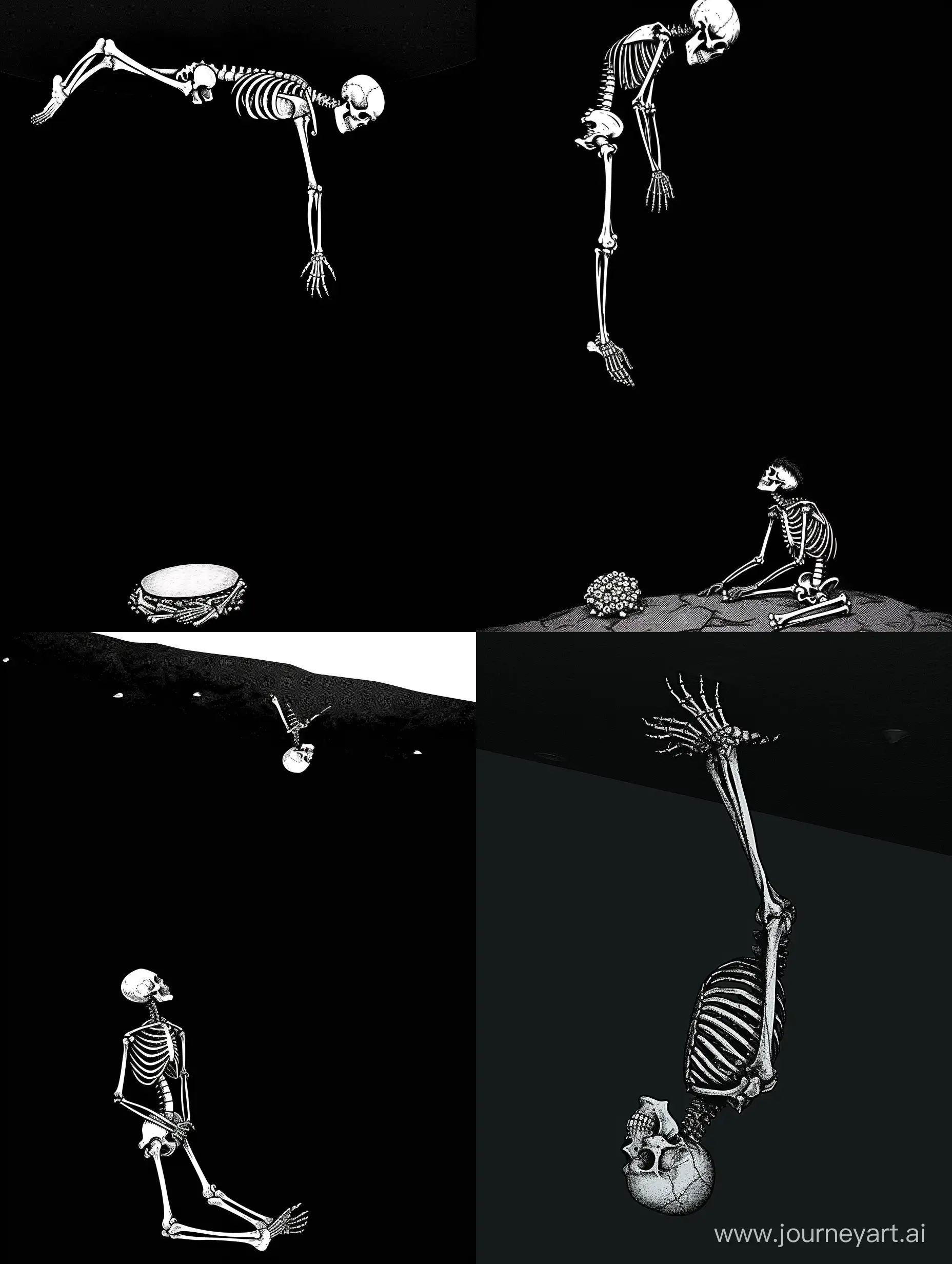 Minimalistic-Sad-Deadman-Gazing-at-Bones-on-Black-Background