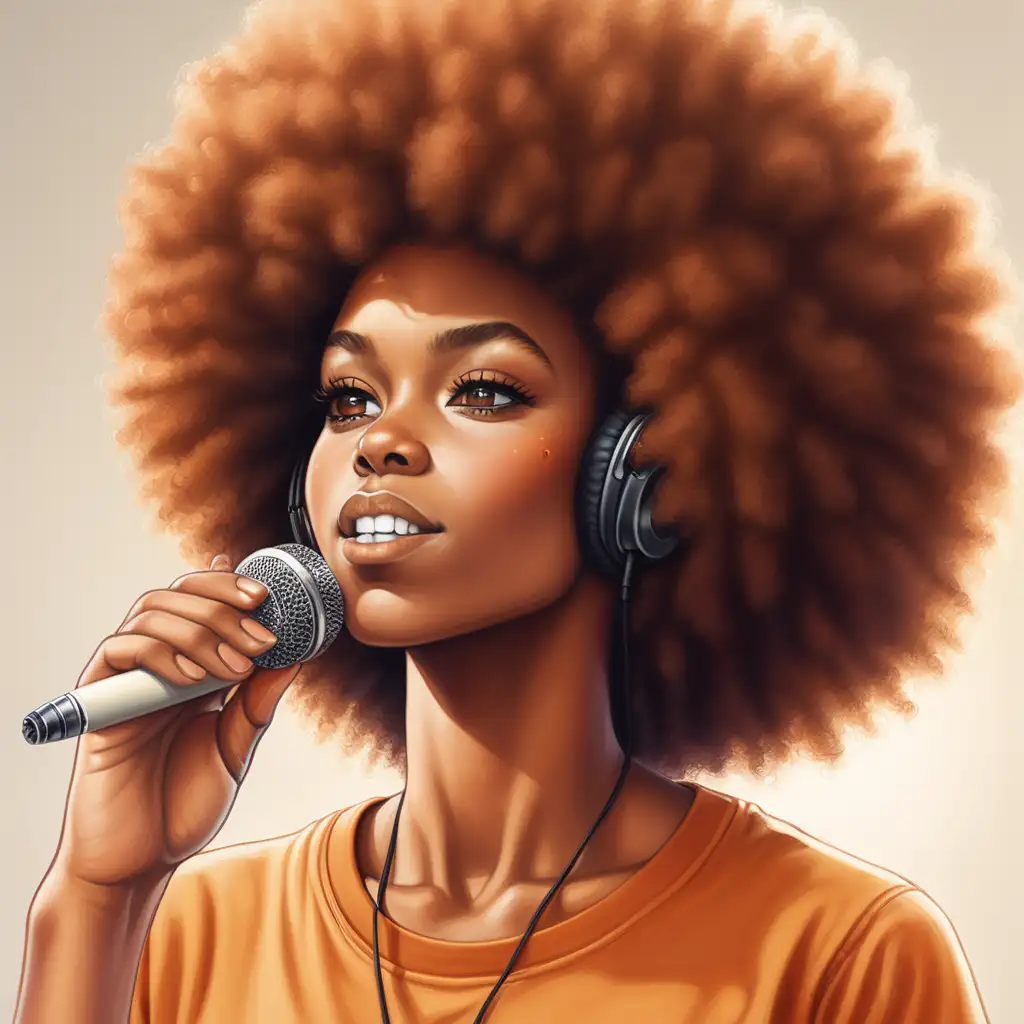 create  image of  a beautiful young 25 year old black woman year 1975 wearing a big ginger colored afro. She is wearing crop t shirt. Listening to music. Smoking a joint