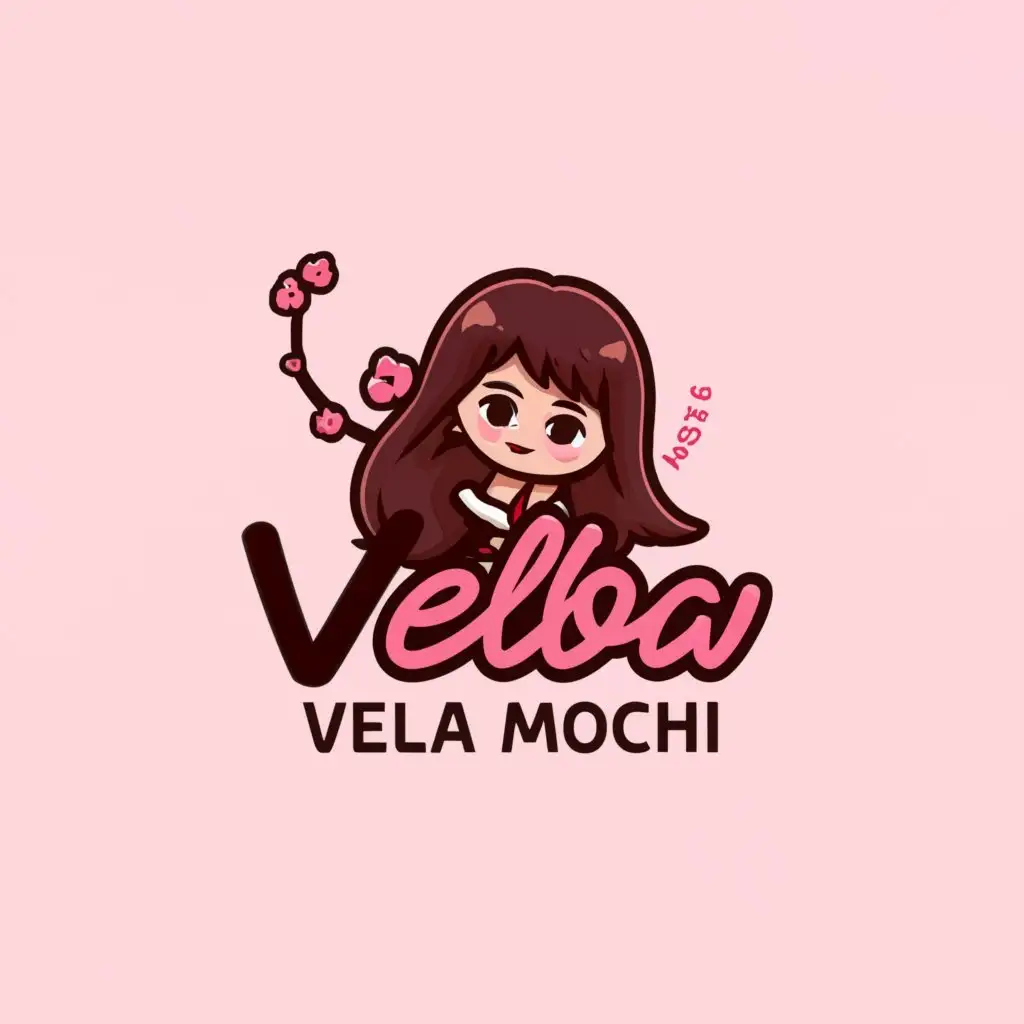 a logo design,with the text "Vella Mochi", main symbol:cherry blossom, black and pink, korean cartoon girl, tyarn,Moderate,be used in Retail industry,clear background