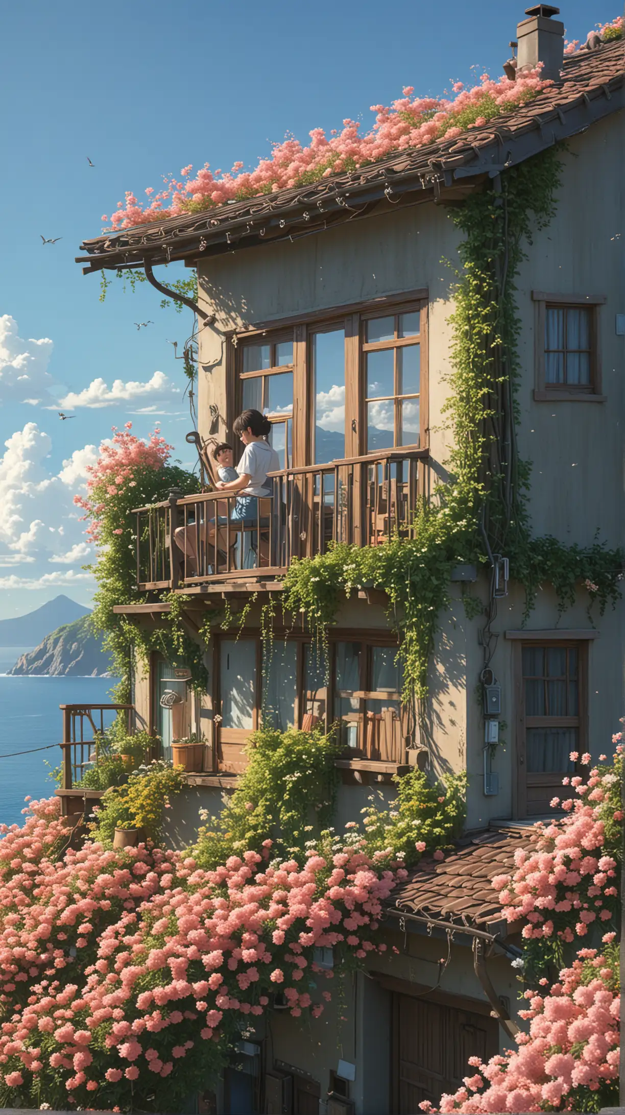 Tiny Arriety Viewing Sea from Roof Amidst Vines and Flowers