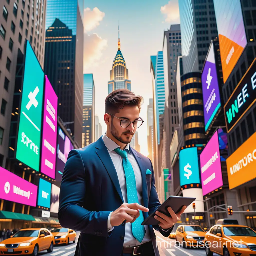 Visualize a vibrant and dynamic scene that captures the essence of the stock market journey. Include elements like a bustling city skyline in the background symbolizing opportunity and growth. In the foreground, depict a confident individual holding a tablet or smartphone displaying stock market charts, exuding determination and excitement. Surround the central figure with symbols of financial success and aspiration, such as rising graph lines, dollar signs, and inspirational quotes. Use bright colors and energetic visuals to convey the motivation and positivity associated with embarking on the journey of stock market investment.