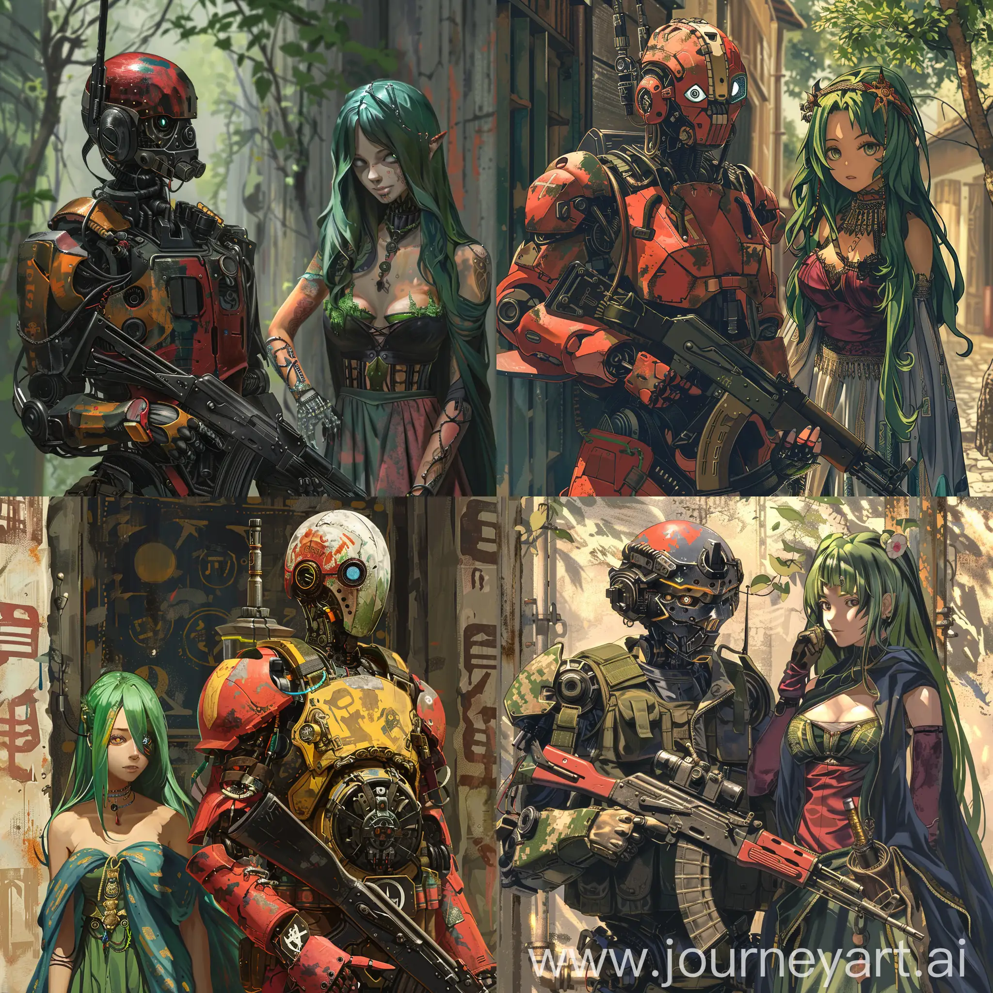 A robot in military colors, humanoid, armored, with an AK-47 assault rifle, wearing a mask with one eye, standing next to a girl with green hair in magical clothes, 4k, anime style, dark fantasy