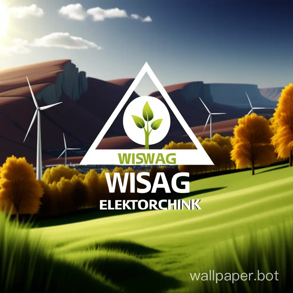 WISAG-Elektrotechnik Logo mit Landschaft im hintergrund. Es soll grün sein und auf erneuerbare Energie beinhalten
