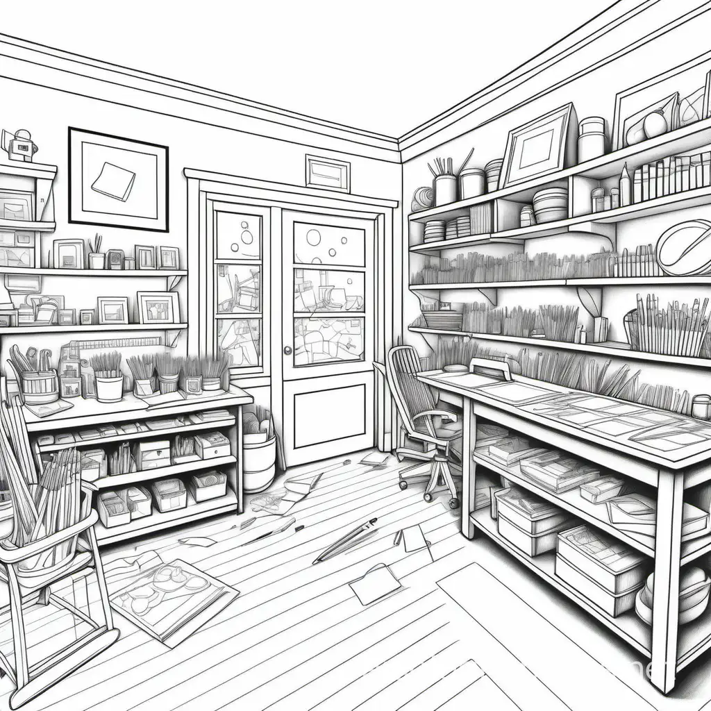 HD quality super realistic highly detailed cluttered craft room, Coloring Page, black and white, line art, white background, Simplicity, Ample White Space. The background of the coloring page is plain white to make it easy for young children to color within the lines. The outlines of all the subjects are easy to distinguish, making it simple for kids to color without too much difficulty