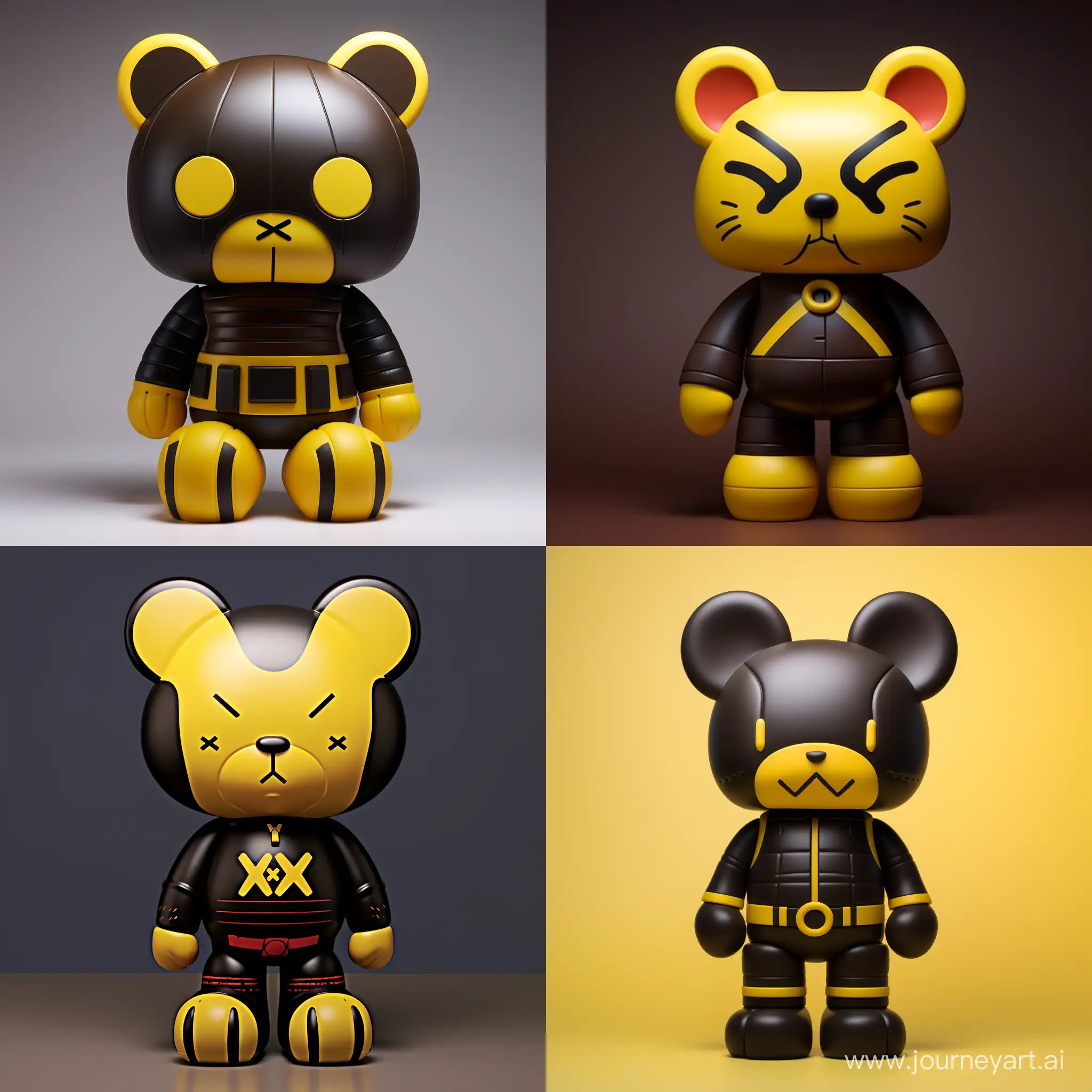 a designer vinyl toy of a cute yellow and black cat, in the style of Kaws, in the style of anpanman