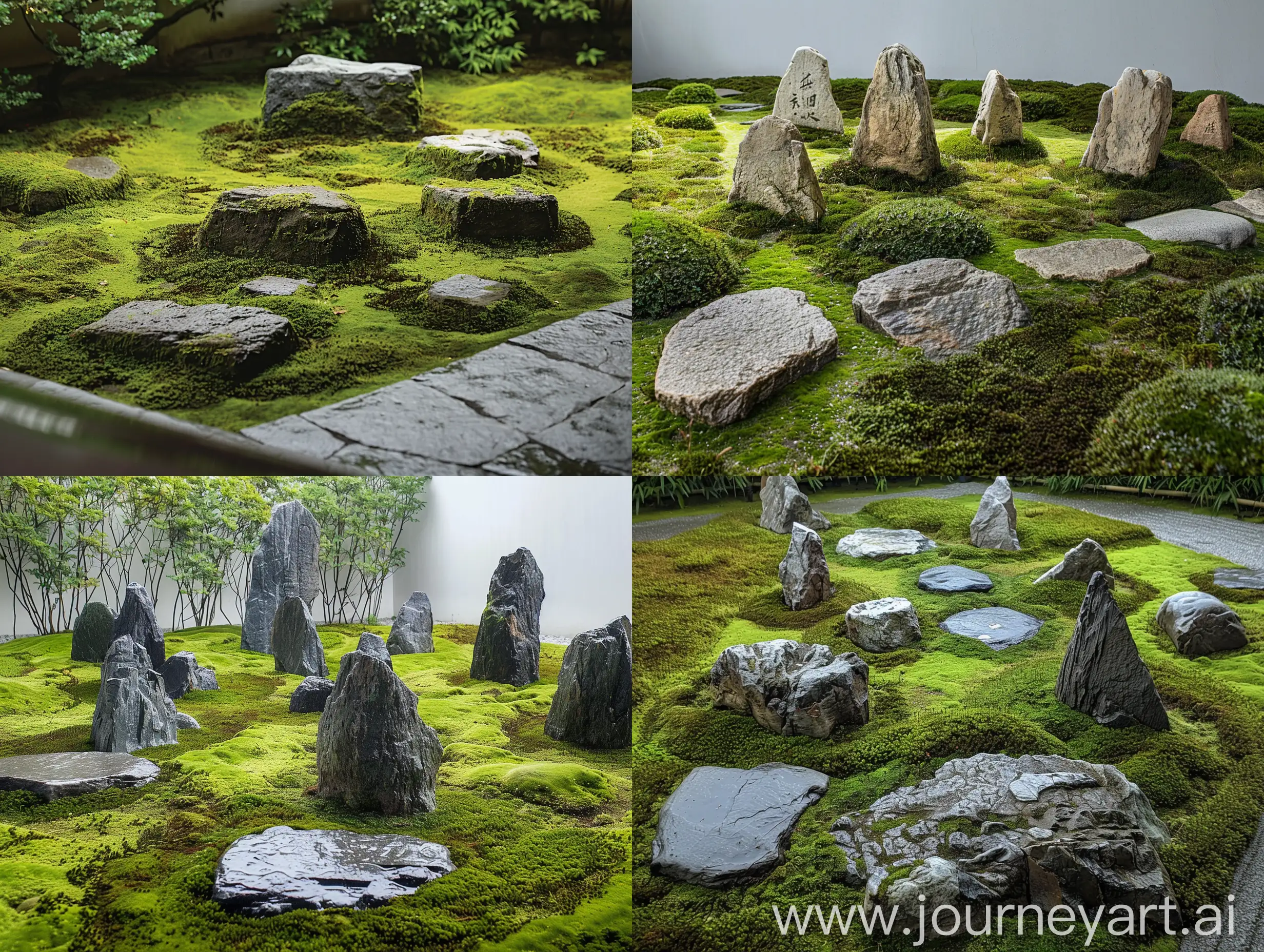A serene scene of Ryoan-ji Temple's rock garden, with carefully arranged stones surrounded by moss. The minimalist beauty of the garden evokes a sense of calm and tranquility, inviting viewers to pause and reflect.