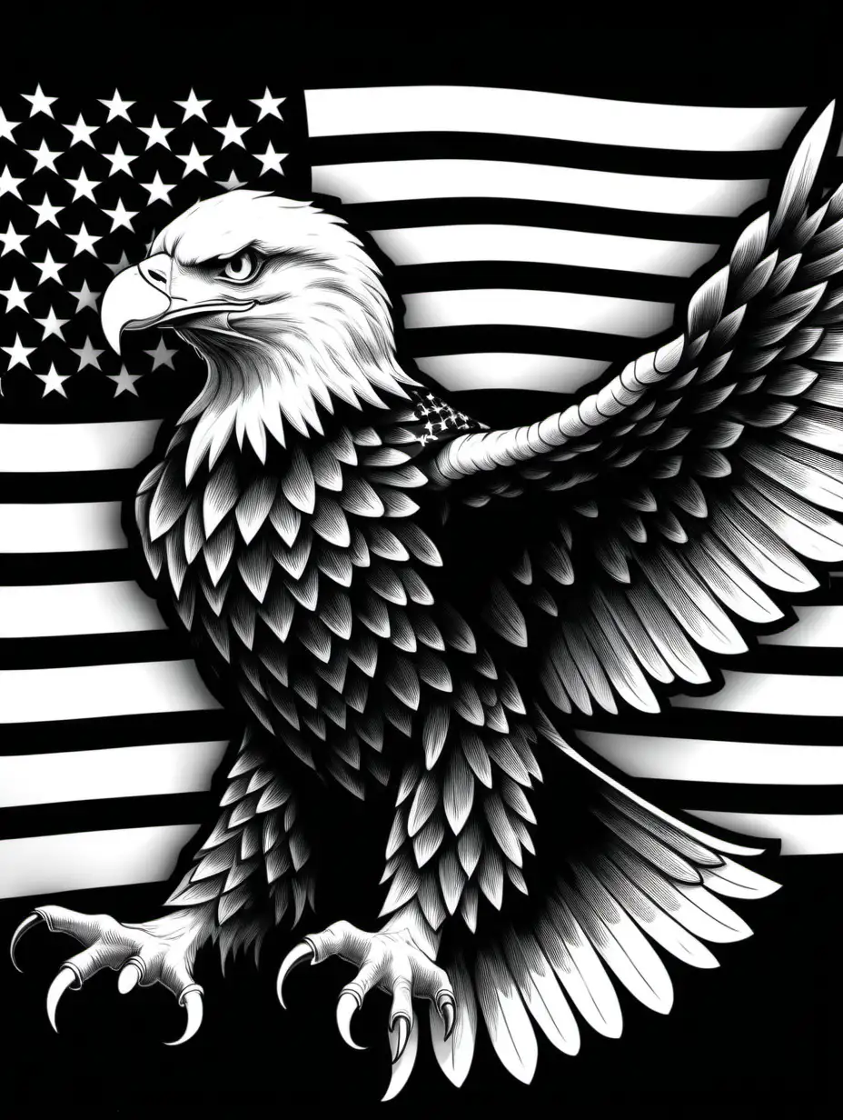 black and white united states with eagle and american flag in it, all lines connected, for cutting out wall art, no background