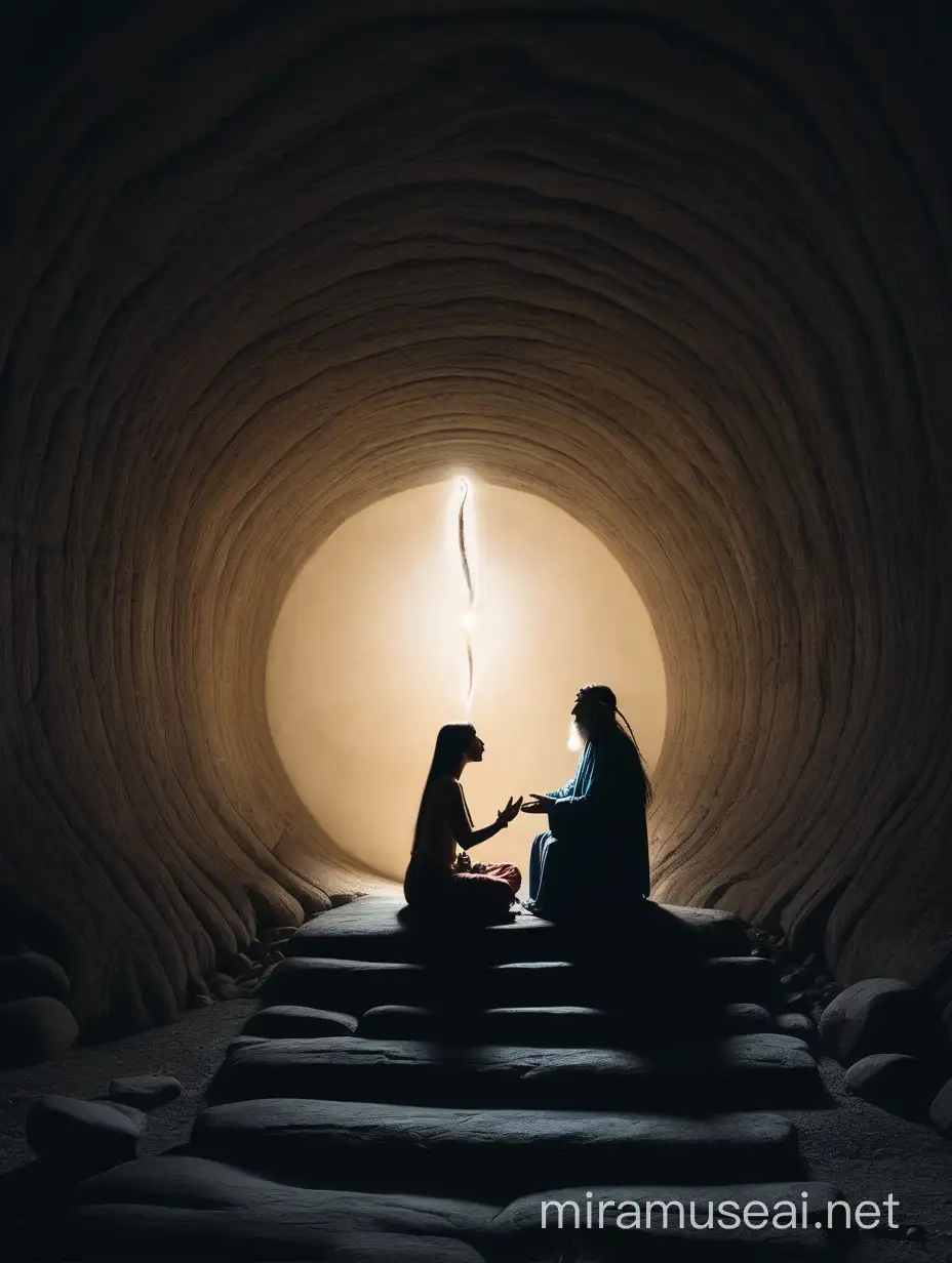 Dans les ténèbres une femme assise seule rencontre un chaman qui lui montre la lumière aiu bout du tunnel
