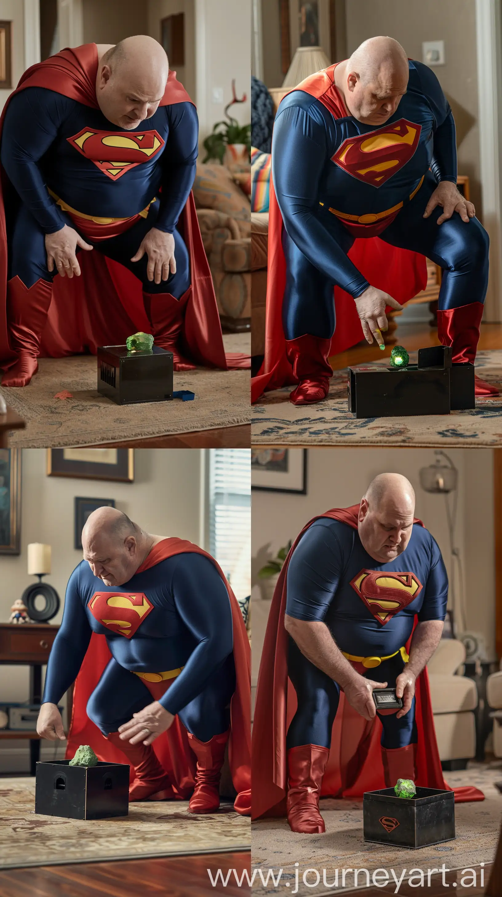 Front close-up photo of a fat man aged 60 wearing silk navy blue complete superman tight uniform with a large red cape, red trunks, yellow belt, red boots. Falling on his knees on the ground opening a small black metal box containing a small green glowing rock. Inside a living room. Bald. Clean Shaven. Natural light. --ar 9:16
