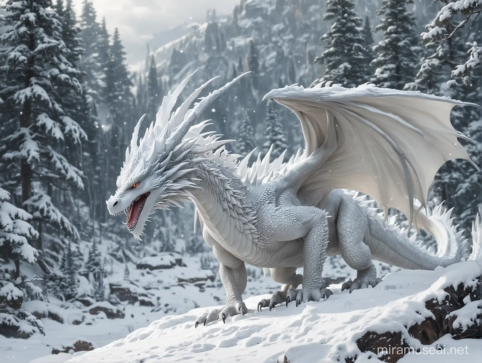 Majestic Snow Dragon Sculpture in Winter Wonderland