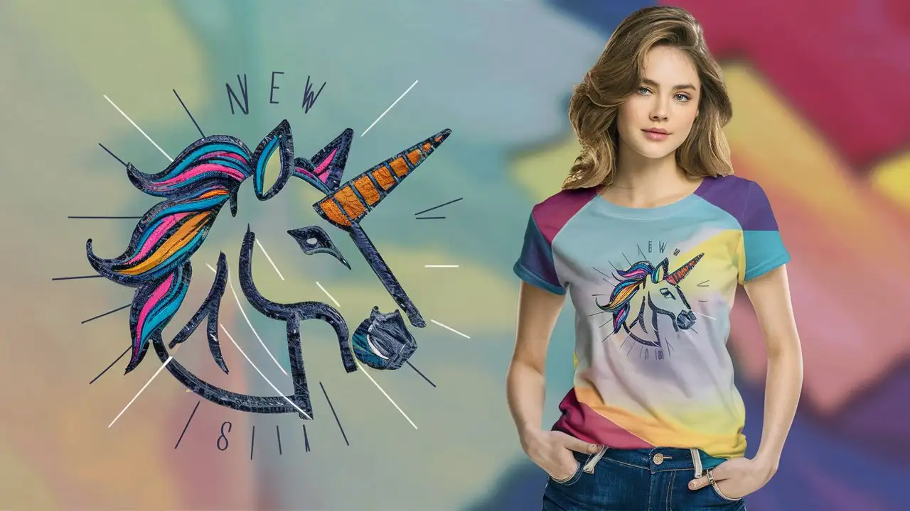 a female wearing a t-shirt on which a tiny logo of unicorn is sew, which represent our brand. The sew tiny logo should be unique and stylish and representing our new brand. colorful 4k hd, unique.