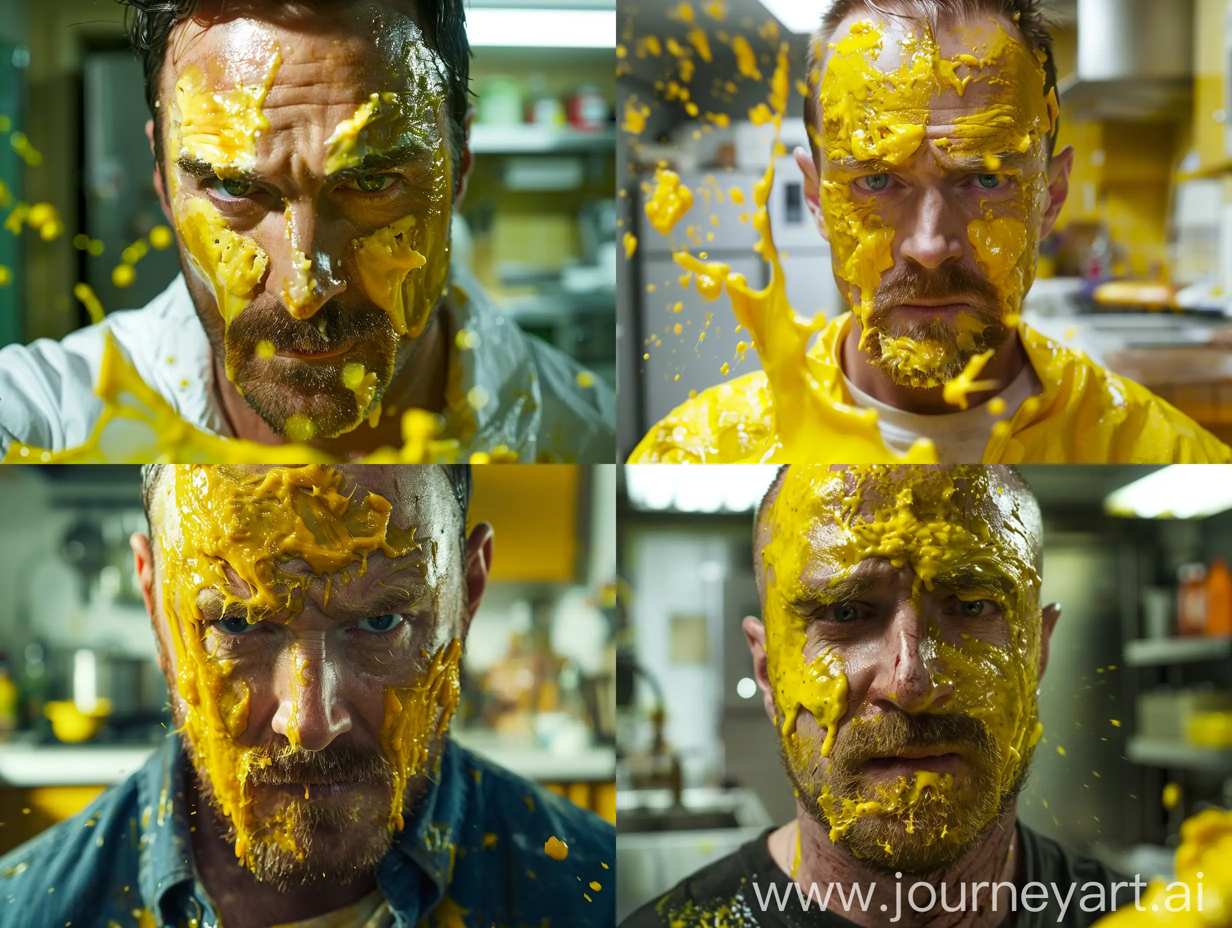 Jesse Pinkman is the actor of the series Baking Bad, Jesse Pinkman is preparing the cake batter, but the cake ingredients are splashed on his face. it is yellow Jessie Pinkman looks at camera sadly, background is kitchen, very clear, very realistic, full body, q2


