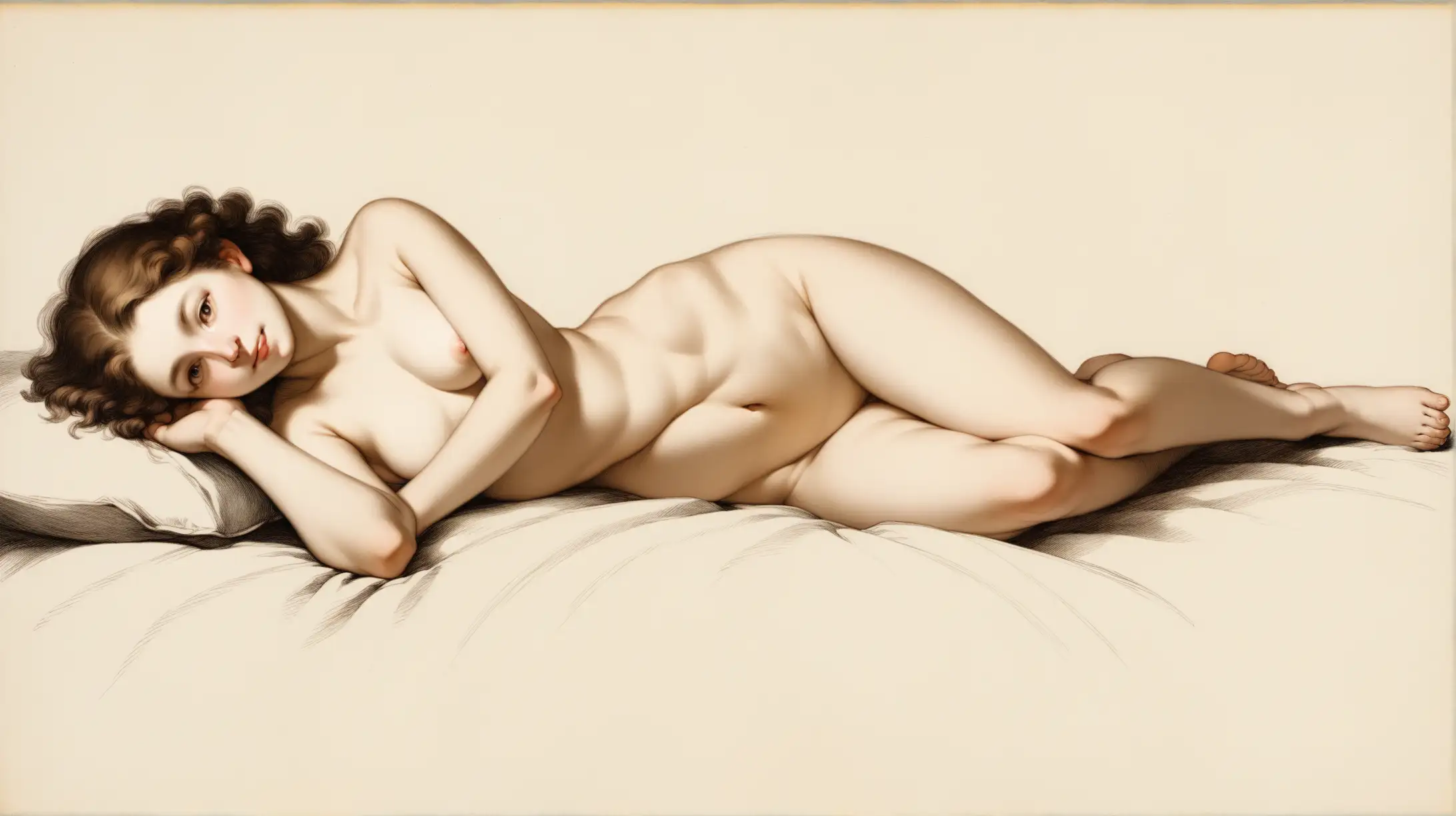 nude portrait of a beautiful 25 year old woman in the style of rembrandt, bare feet, lying down, 1650s