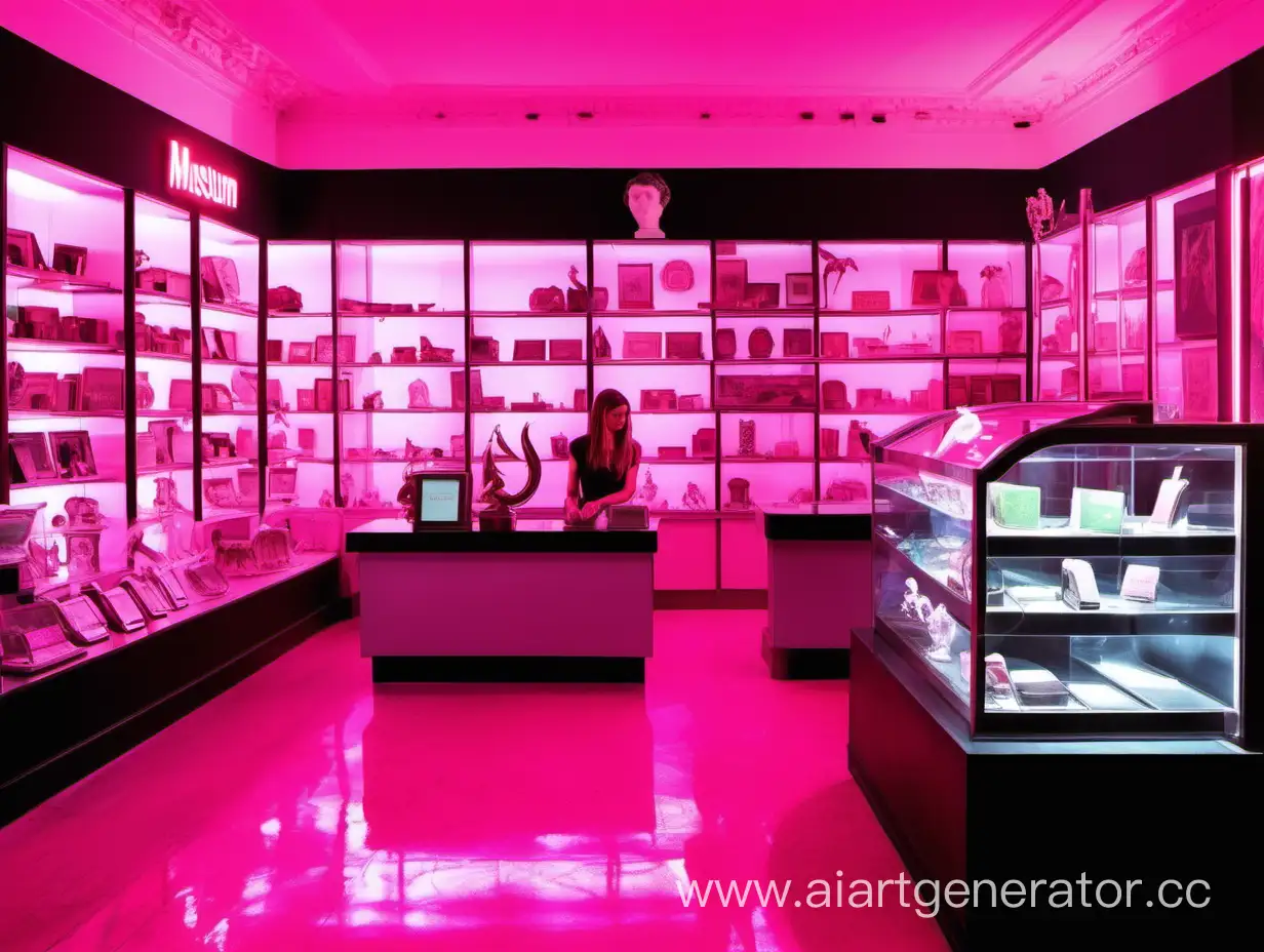 museum shop, verkäuferin, pokale im regal, kasse, rosa neon lichter, modern, museum shop schild