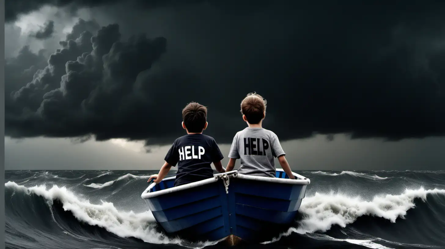 Children in Distress Small Boat Call for Help in Rough Sea