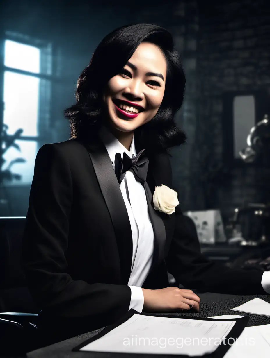 A portrait of a smiling and laughing Vietnamese woman with shoulder length black hair, and lipstick sitting at a desk in a dark room.  She is wearing a tuxedo with a black jacket and black pants.  Her shirt is white with a wing collar.  (Her shirt cuffs have cufflinks).  Her bowtie is black.  Her jacket has a corsage.  She is in a dark room.