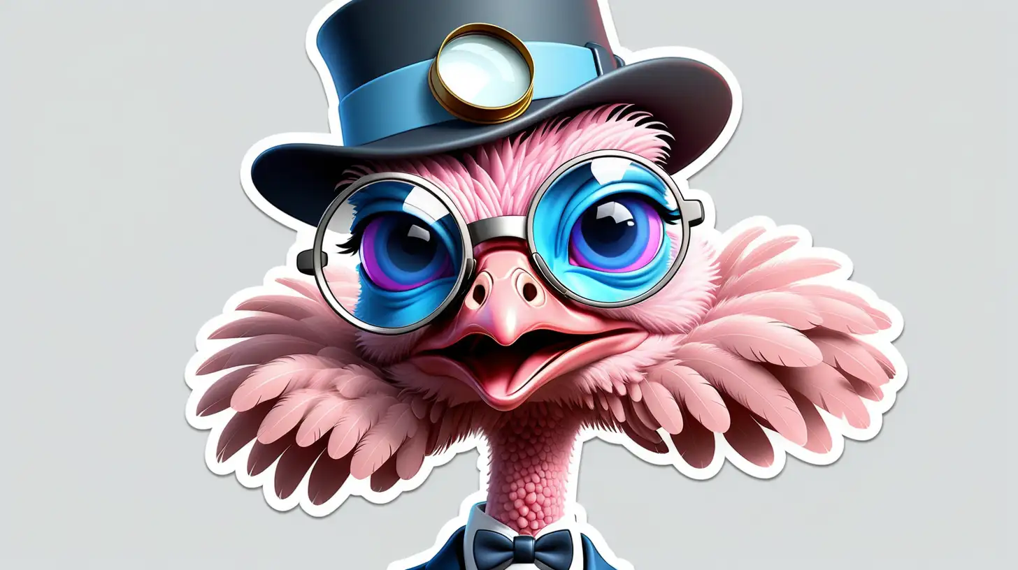 Sticker,Cartoon, cute pink ostrich with blue in secret agent fashion with magnifying glass, james bond swagger, white background, Vermeer style, 12k, high quality, HD, octane render, cinematic lighting