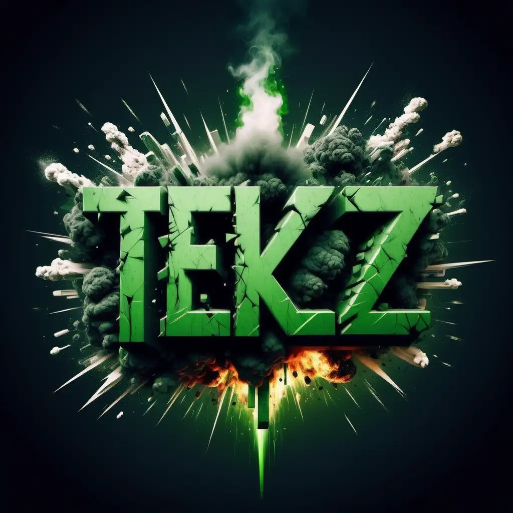 Erstelle ein Logo mit dem Wort “TEKZ” in der Mitte. Die Hauptfarbe soll grün sein und es soll in mitten von Explosionen stehen.