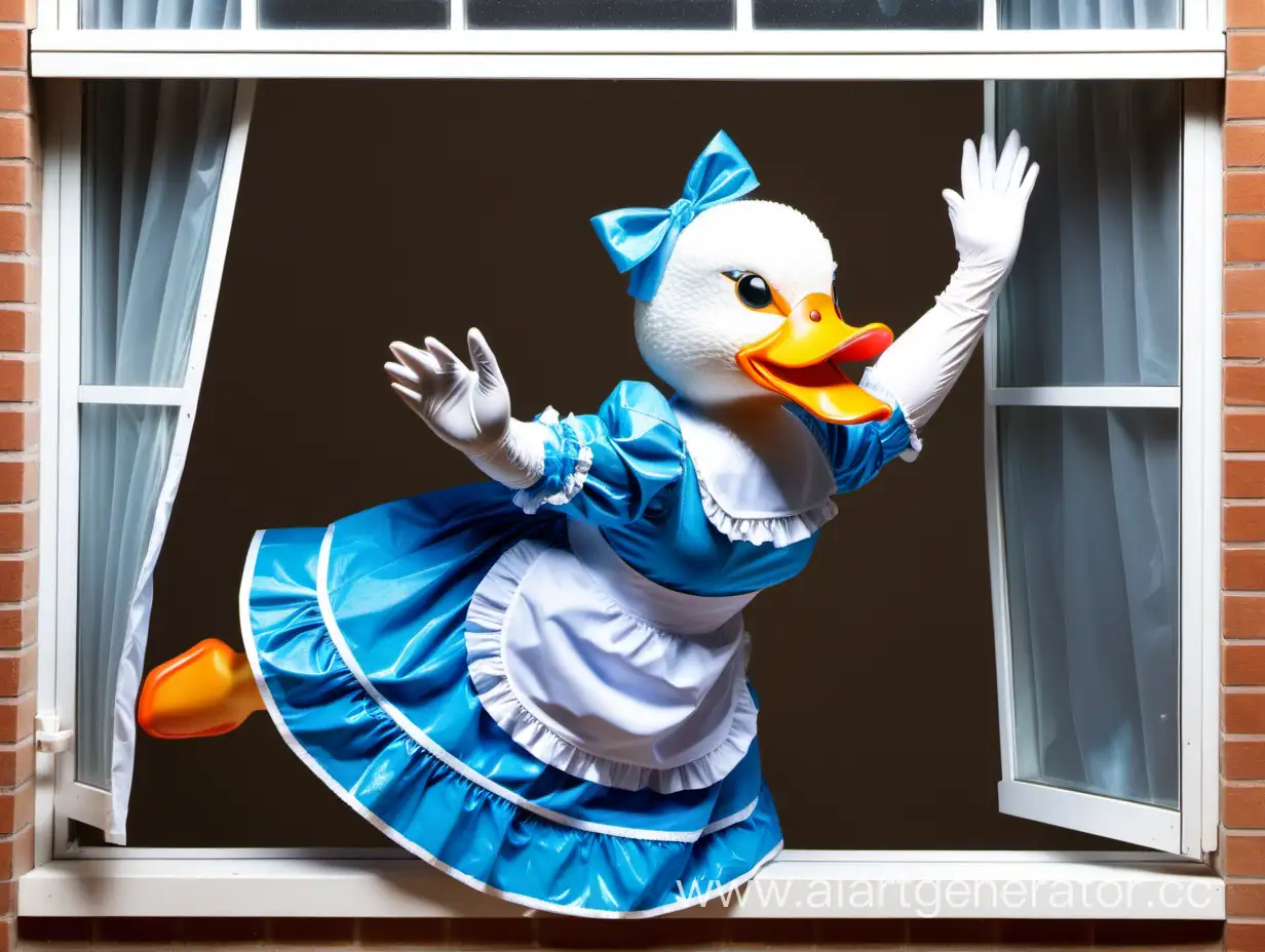 утка в голубом костюме горничной моет окно