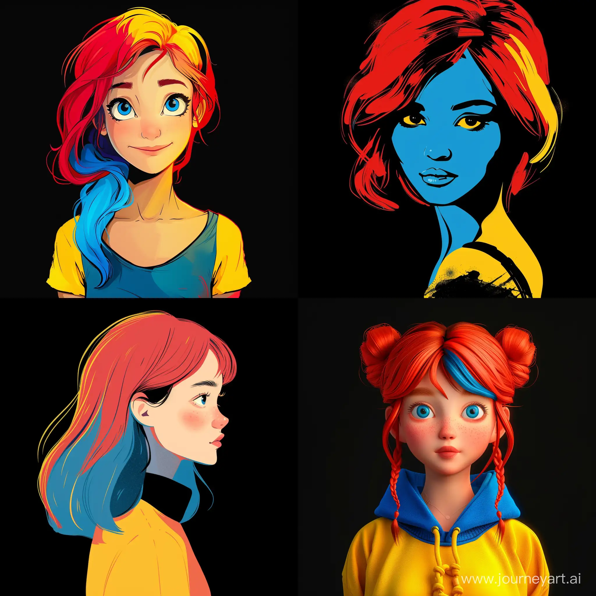vibrant [red, blue, yellow][young woman], cartoon cute 2d, beautiful colors, contrast with black background