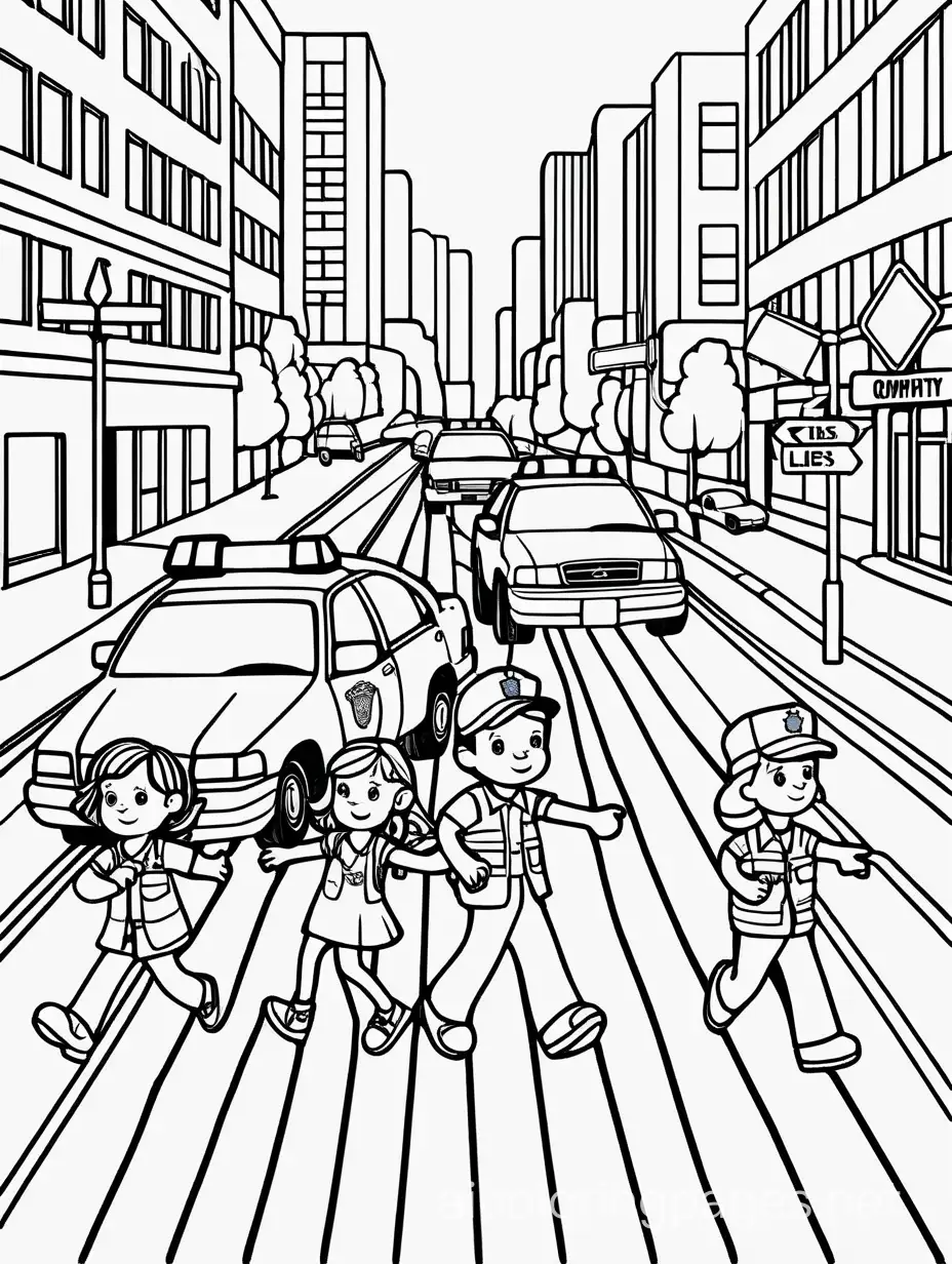 Children-Crossing-Street-Coloring-Page-Police-Escort-Black-and-White-Line-Art