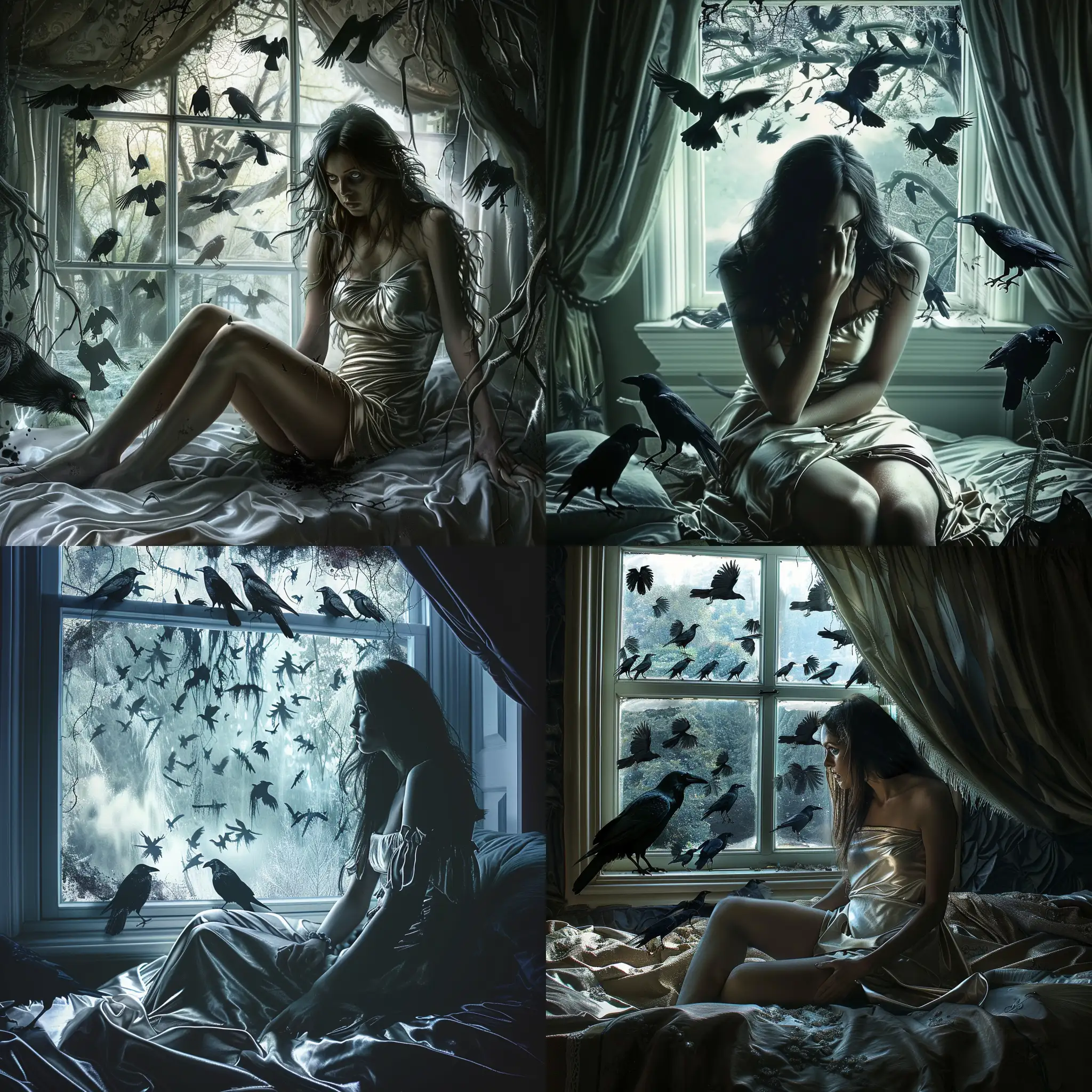 A striking  highly detailed   gothic image of  beautiful fearful woman sitting on her bed wearing a satin nightdress. Outside the window there are lots of menacing ravens looking in. Beautiful magical mysterious fantasy surreal highly detailed 