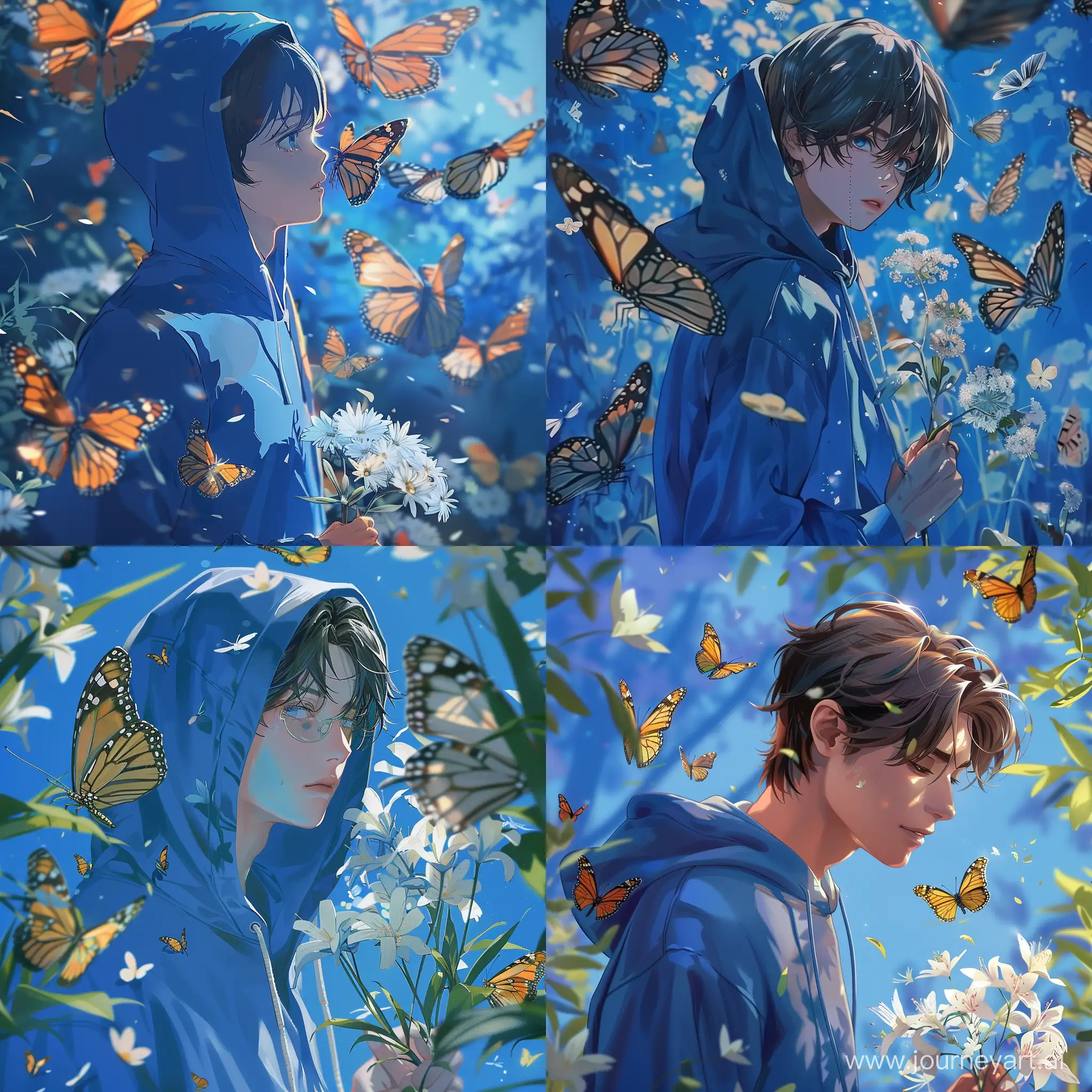 Anime-Man-in-Blue-Hoodie-Surrounded-by-Butterflies-Holding-White-Flowers