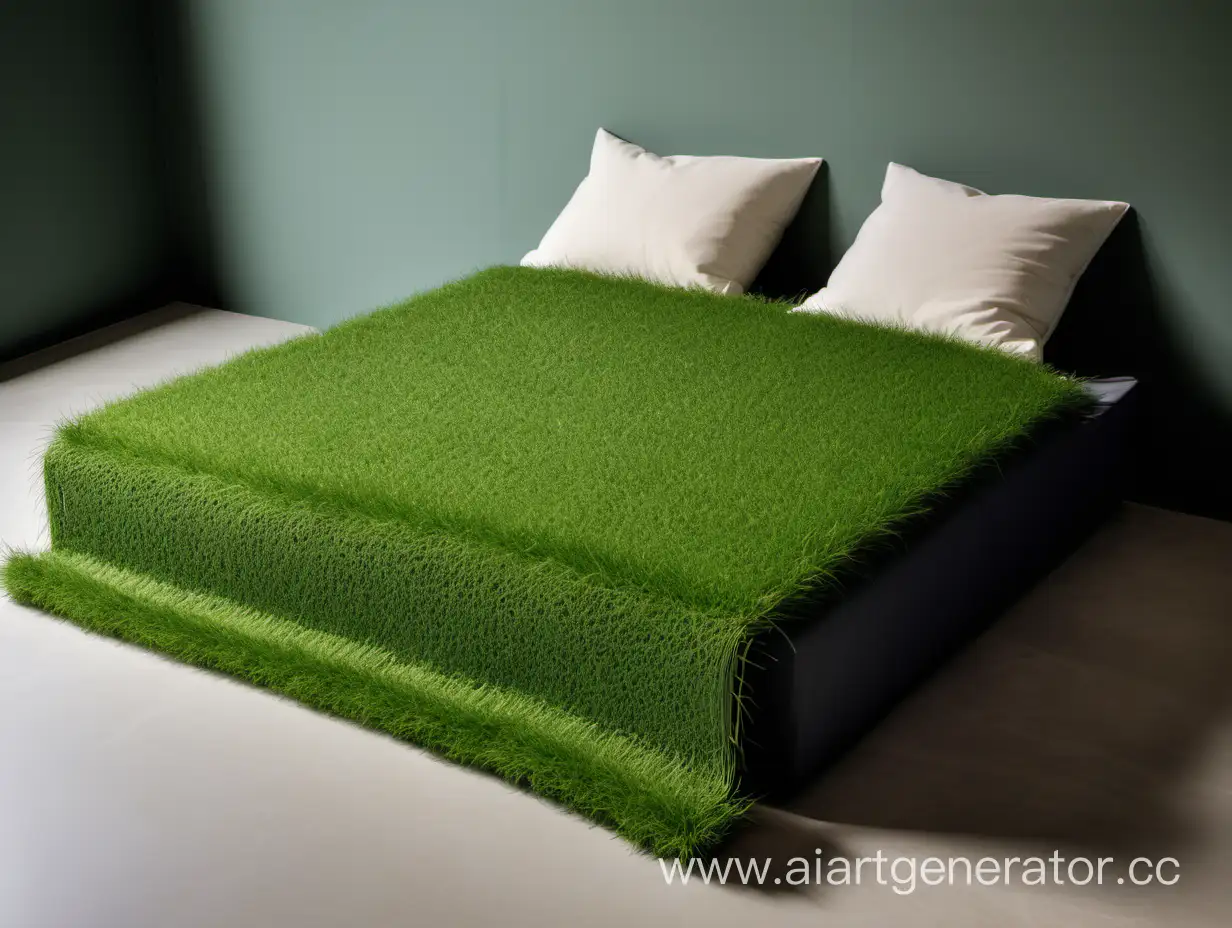 кровать с подушкой и пледом из травы