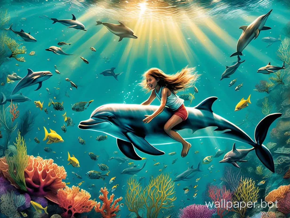 A 12-year-old girl and a playful dolphin swim under water pierced by sunbeams among seaweed, corals, and fish.