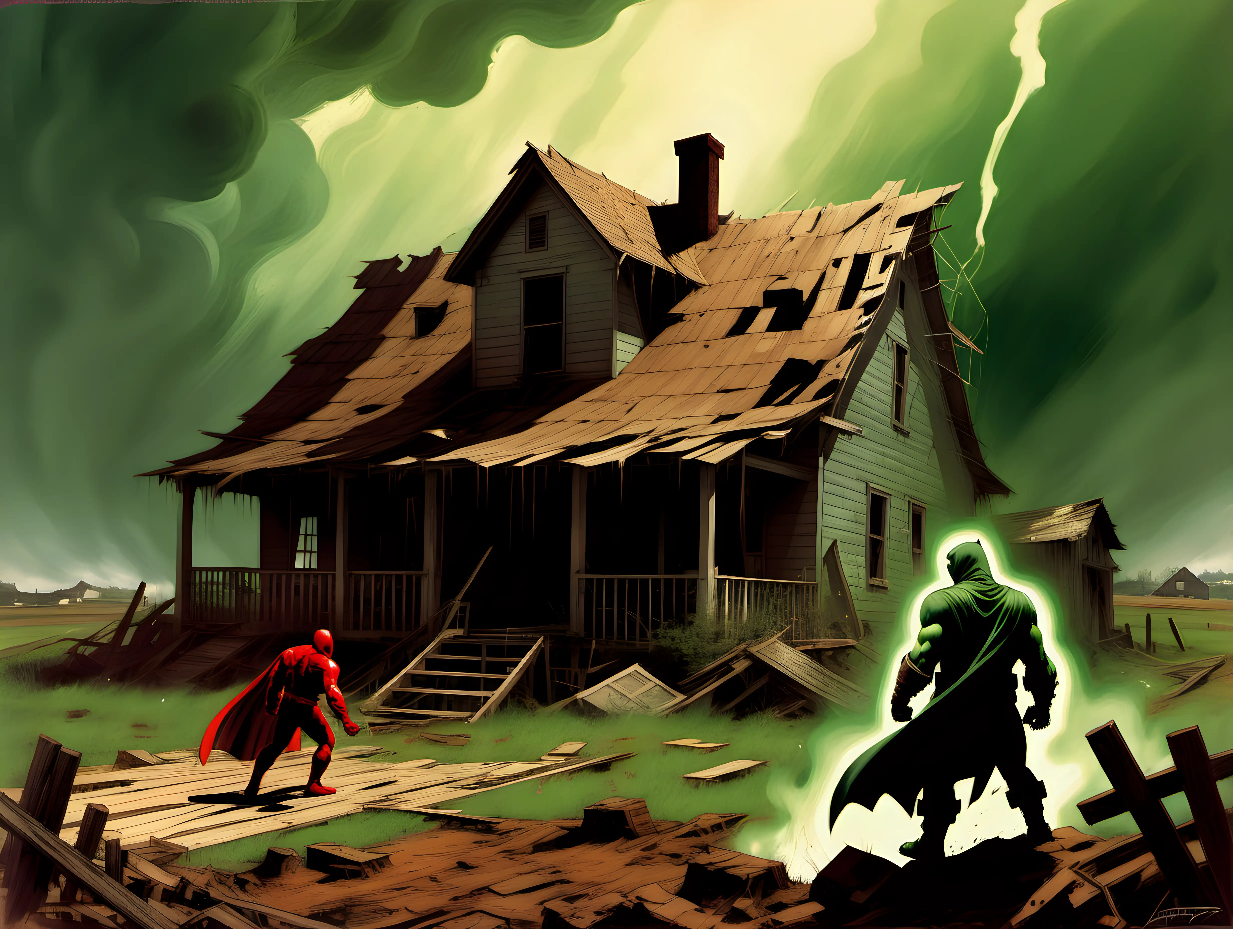 Daredevil fighting Doctor Doom  an abandoned farm house Frank Frazetta style