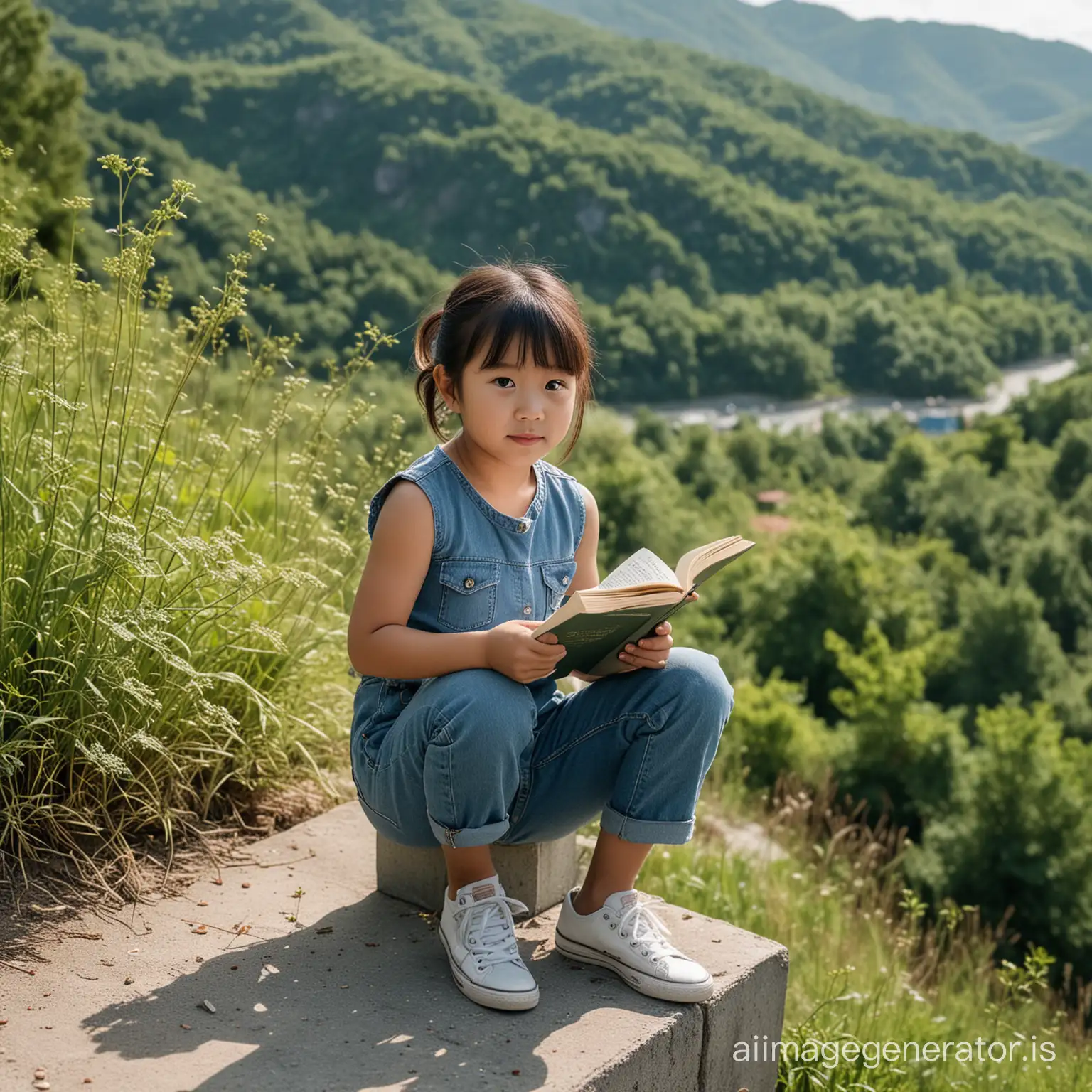 wide shoot photography, image of 3.5 years old Asian girl with short pony hair, round face, holding a book, wearing jeans and shoes, still image, on top of a hill with weeds and wild plants, bokeh background showing blue hills and forest in the distance, dynamic lighting, handsome pose , sitting on a bench made of concrete, a long and high bench made of cement, looking at the camera