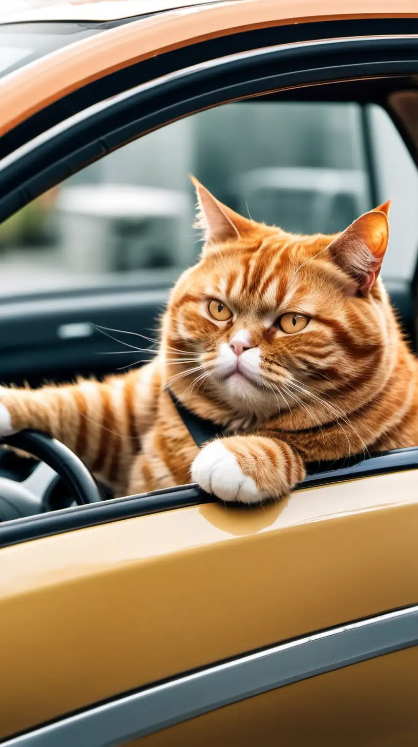 Толстый рыжий кот едет на машине за рулем