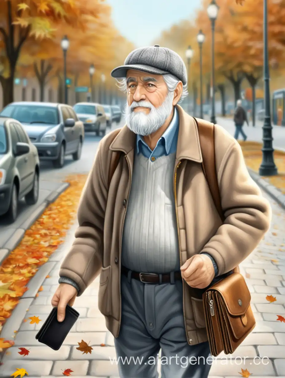 Пожилой мужчина в кепке с седыми волосами небольшой седой бородой и барсеткой идёт по осенней улице