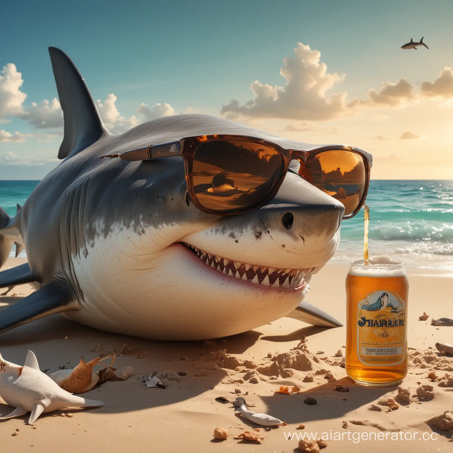 Chilled-Shark-Enjoying-a-Beach-Beer-with-Curious-Seabirds