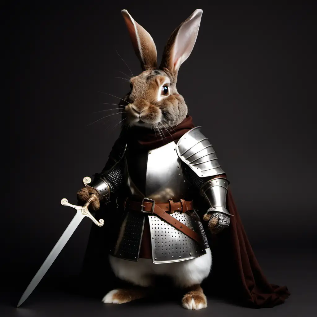 very 
dark brown rabbit dressed like a knight.