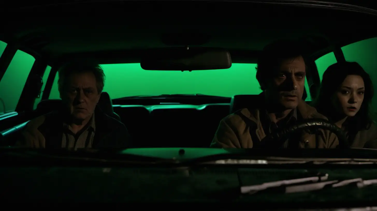 The photograph presents a nighttime scene, set in front of a green screen,  a trio seated inside a car, viewed through the front windshield. The shot is a medium close-up, positioned at an eye-level angle, suggesting the observer's perspective is from the outside looking in, almost as if standing in front of the car.

Composition-wise, frame is split into thirds by the car's structure, each character occupying one section. 

The man in the middle is partially obscured by a reflection or glare, likely from the windshield. His face is partially illuminated, casting shadows that add depth to his features and contribute to the mysterious tone of the scene.

The interior lighting is subdued, casting shadows across the cabin and creating a moody, tense atmosphere. This dim illumination barely outlines the characters' features against the dark interior, emphasizing the nocturnal setting and possibly the gravity of the situation they are in.

The color palette is dominated by dark, desaturated tones, with hints of ambient light reflecting off the interior surfaces, suggesting a setting that is urban or situated near artificial light sources. The darkness enveloping the car could imply isolation or the private nature of the moment captured.
