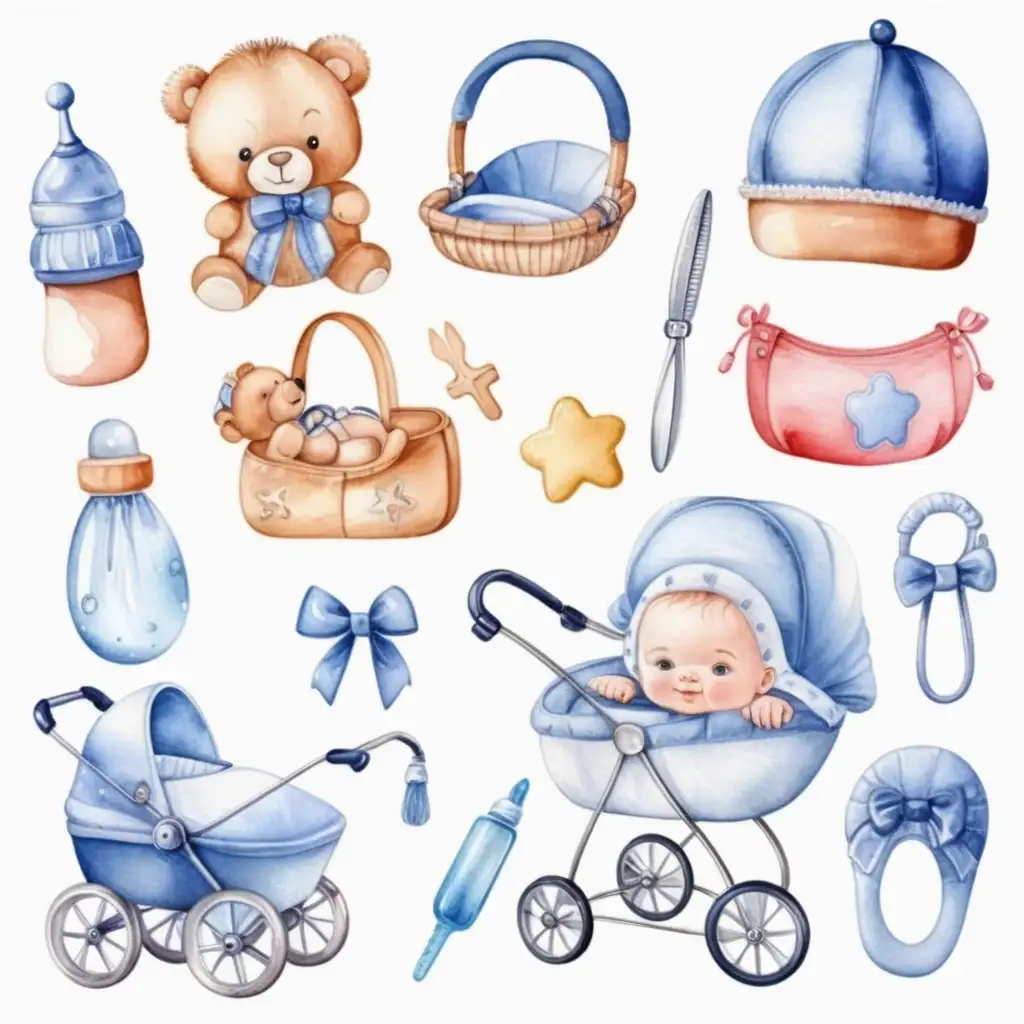 Colorful Cartoon Aquarela Design Featuring a Variety of Baby Accessories