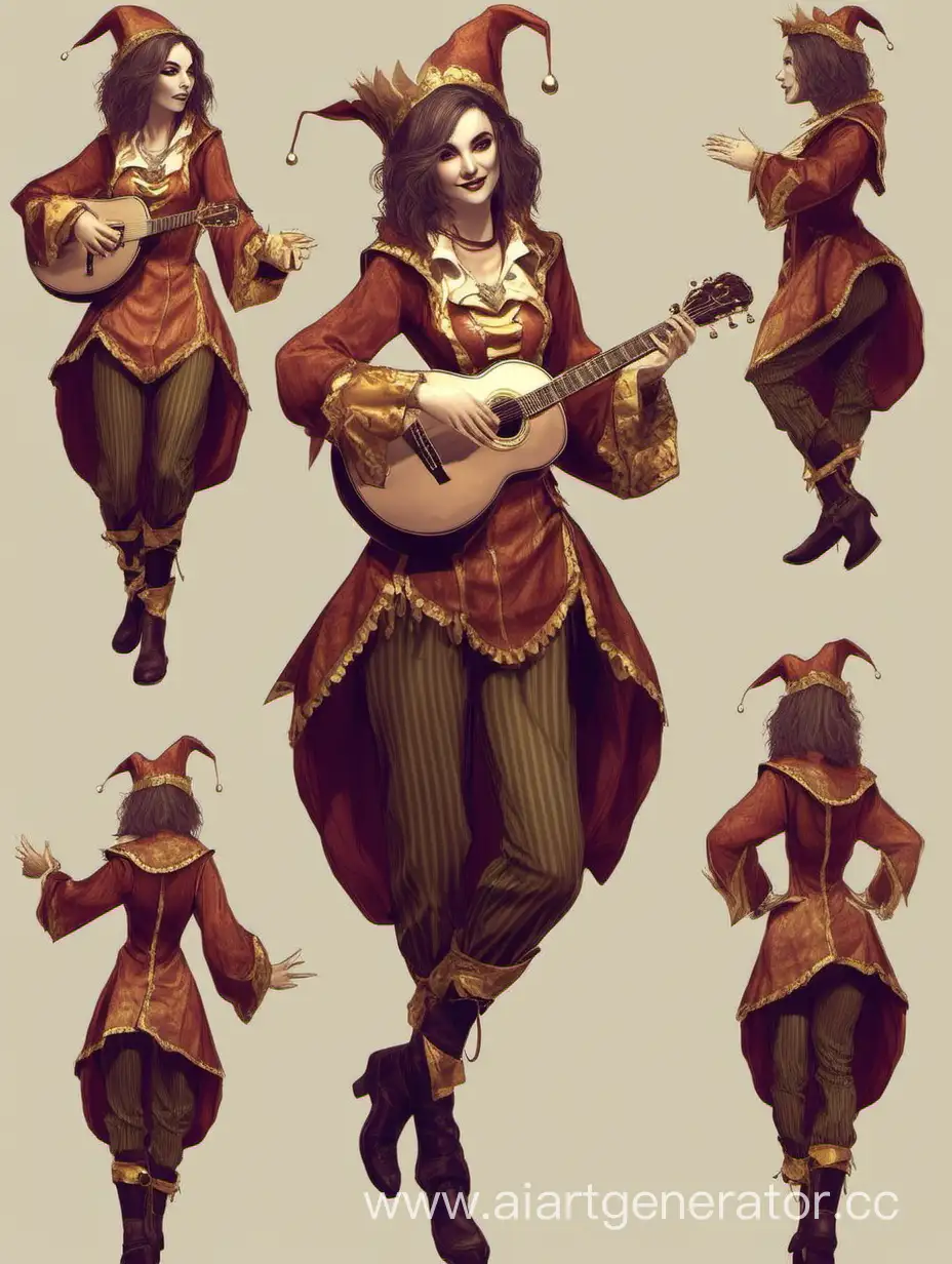 Fantasy bard girl. There are elements of the jester costume in the clothes.