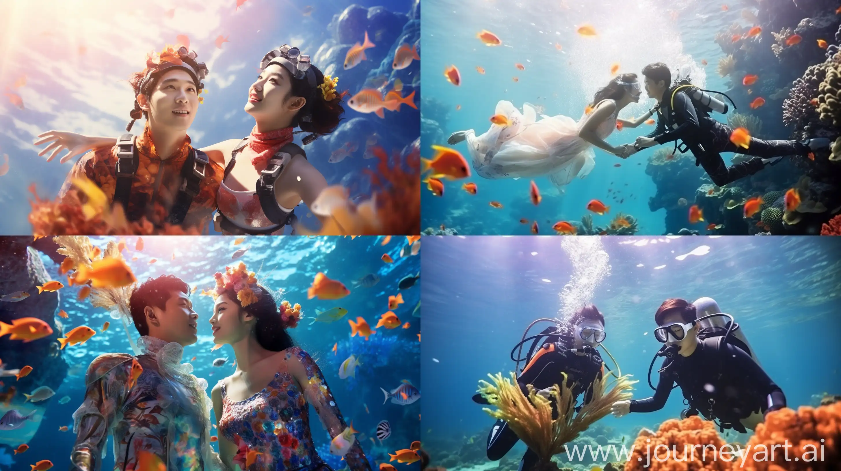  A pair of young Chinese couples wearing diving equipment are diving in the beautiful seaside, surrounded by beautiful fish and coral. The photos are real and the picture is bright
   --v 5.2 --s 100 --ar 16:9 --c 0 --q 1  --style raw 