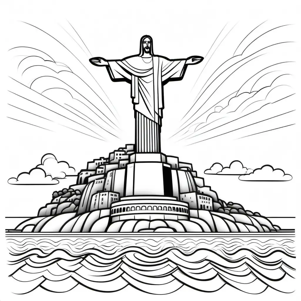 simple cute adult coloring page line art black and white , Christ the Redeemer, Copacabana Beach

