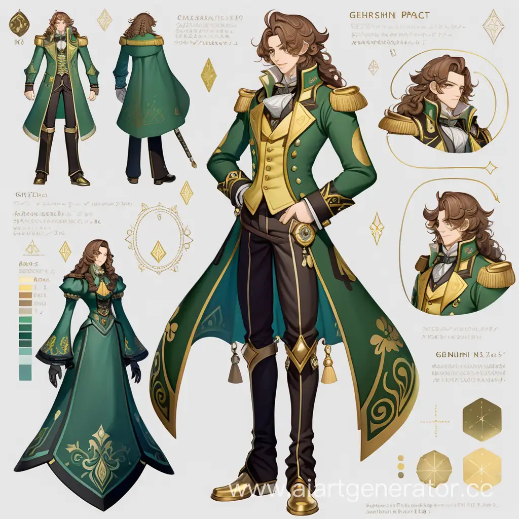 a man
victorian style
galaxy theme
detailed clothes
green gold and yellow
reference sheet style
long curly brown hair
fullbody
genshin impact style