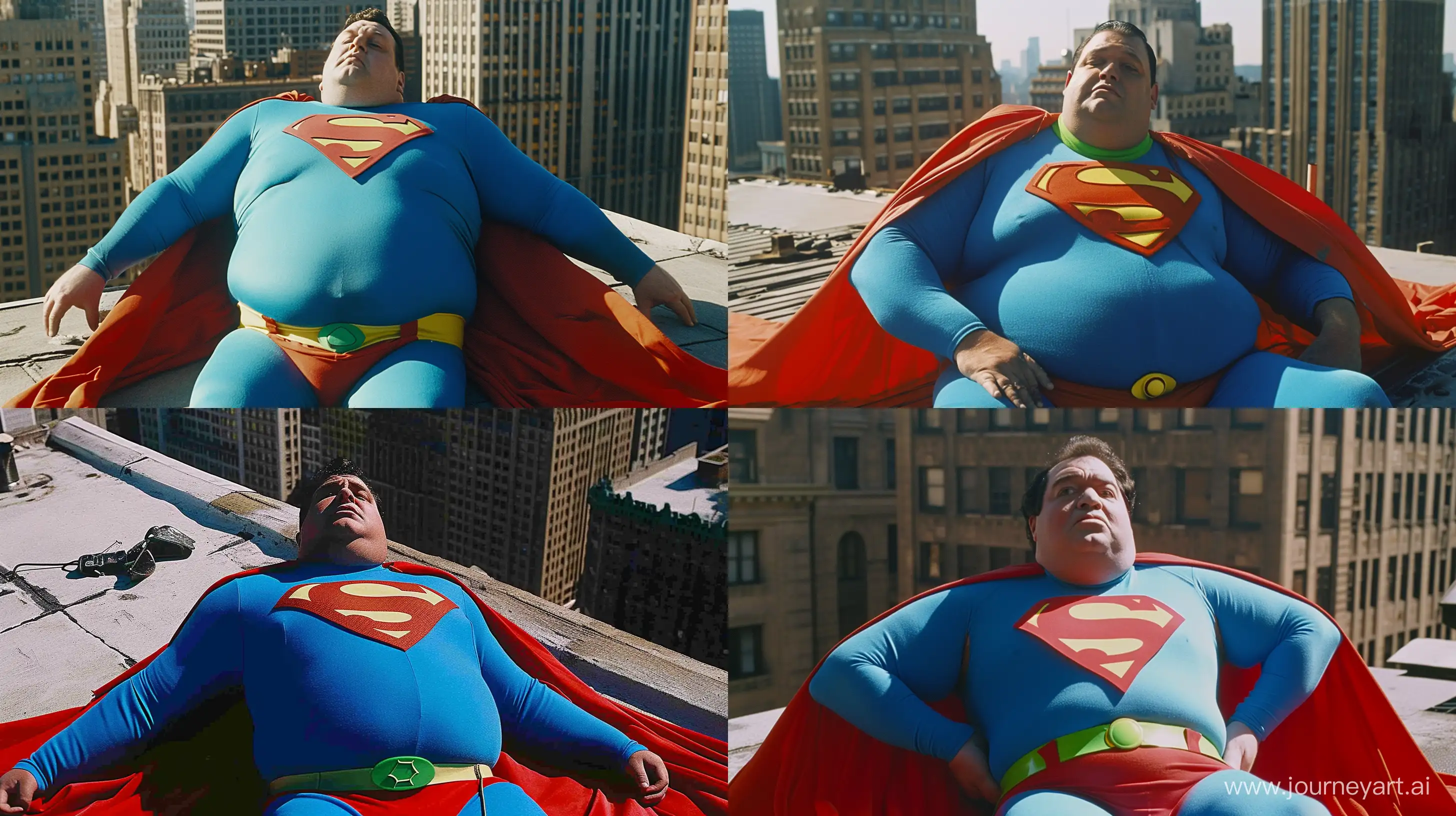 A chubby man wearing a tight bright blue superman costume with a big red cape. He is lying on a rooftop in broad daylight. He wears a bright green necklace, high-quality, --ar 16:9 --v 6