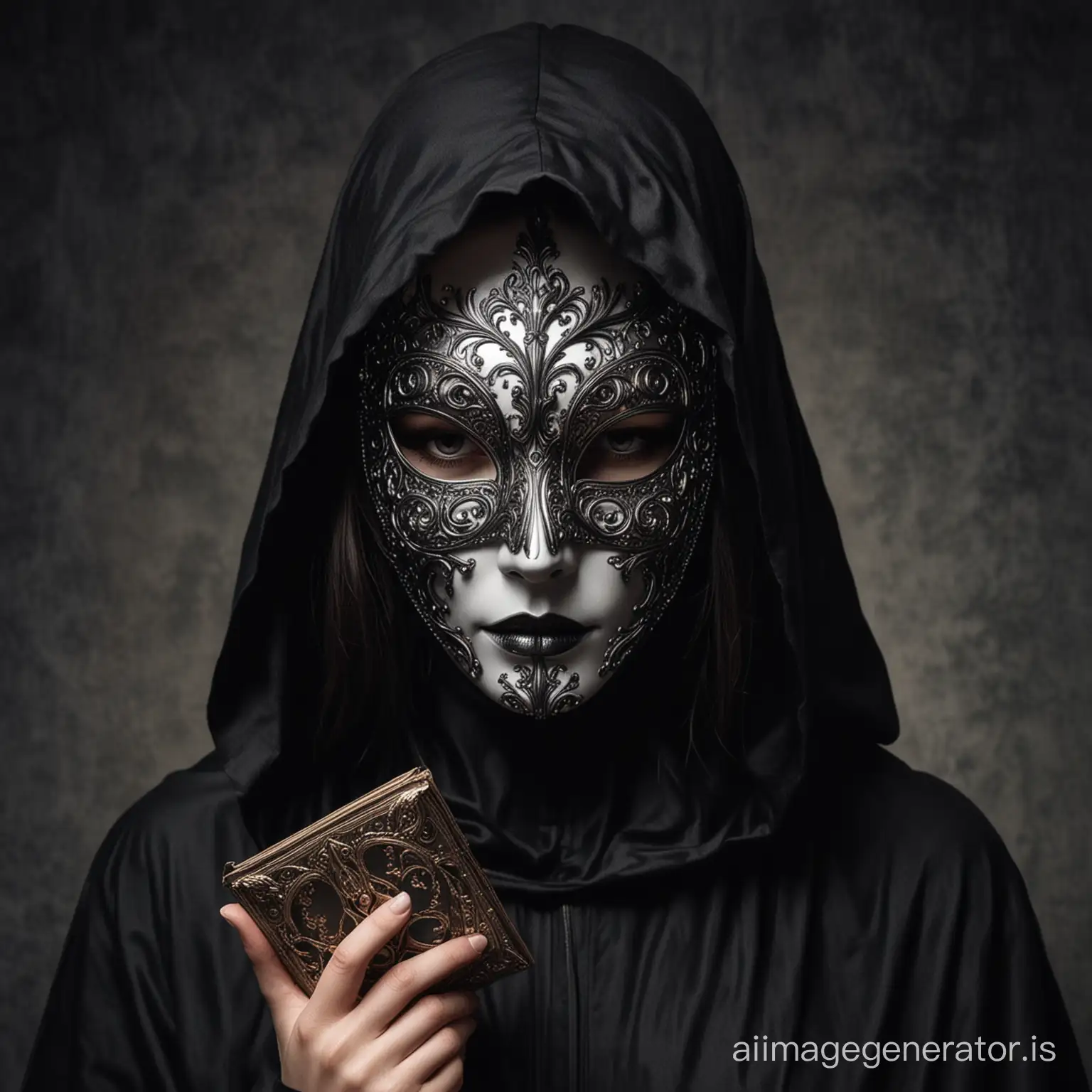 A creature of the female sex, a mirrored empty mask hiding the face, a dark grimoire, a black cloak