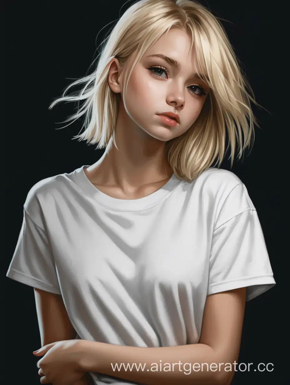 Девушка блондинка в белой футболке на черном фоне смотрит в сторону.