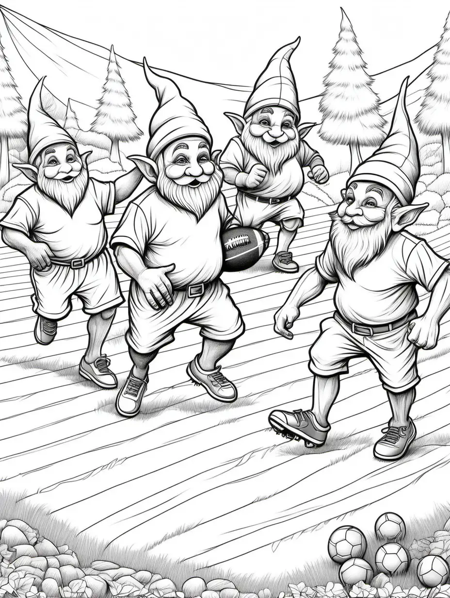 coloring page for adults, gnomes playing flag football, thick lines, low detail, no shading,
