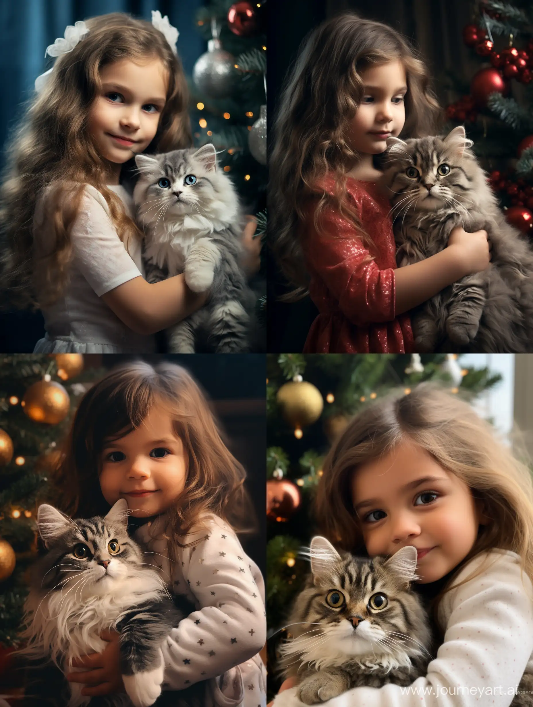 A little girl takes a cat in her arms near a Christmas tree
