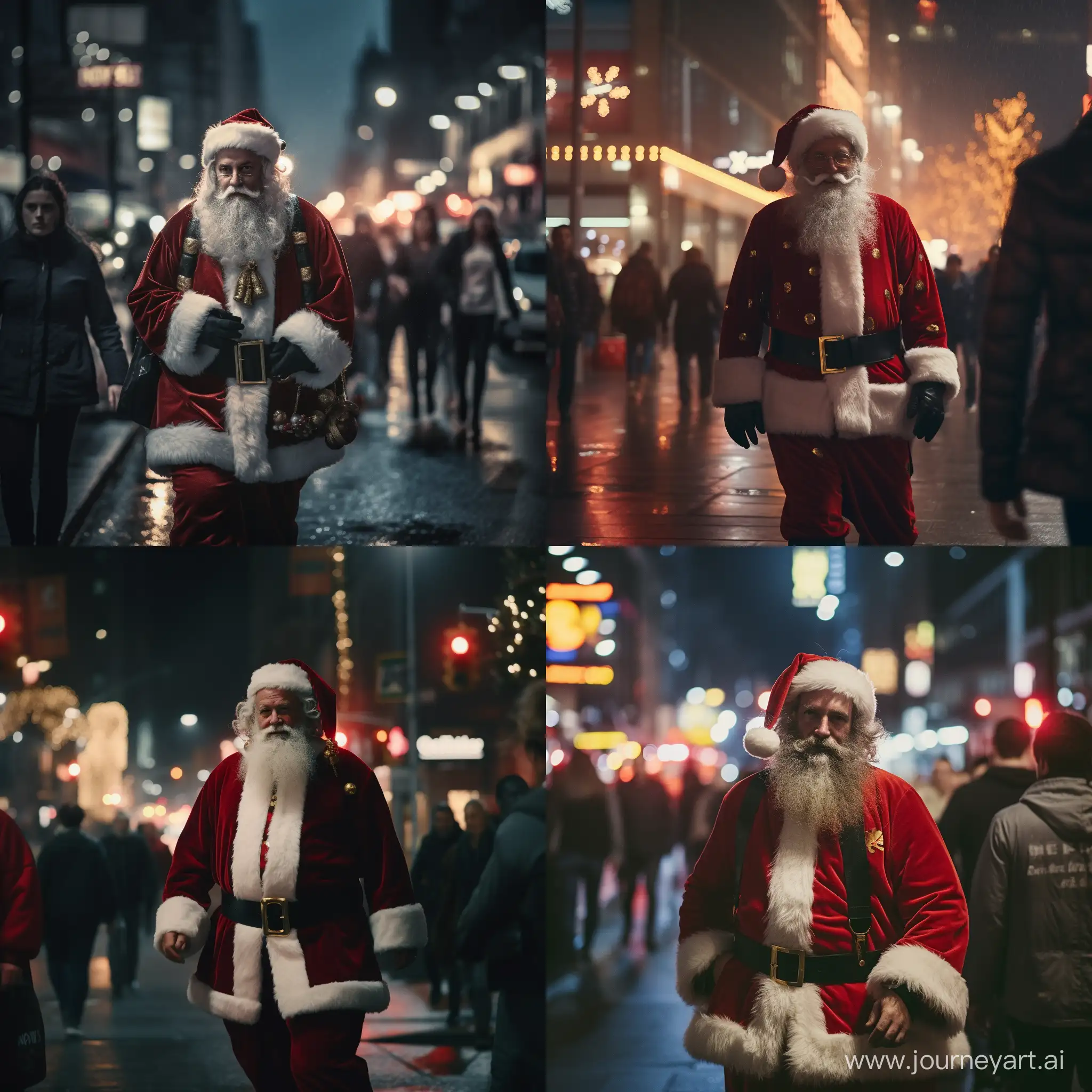 santa walking on street at night 60mm camera cinematic