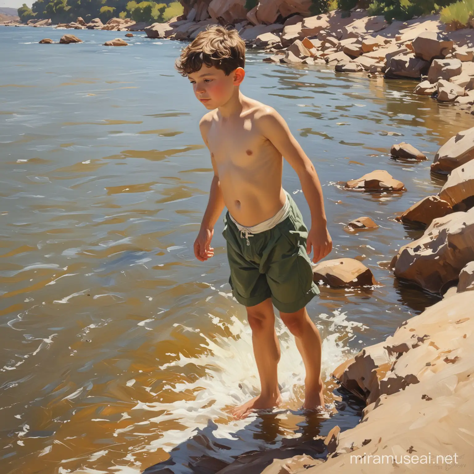 Joaqun Sorolla Style Painting Boy Bathing by the River with a Playful Colt