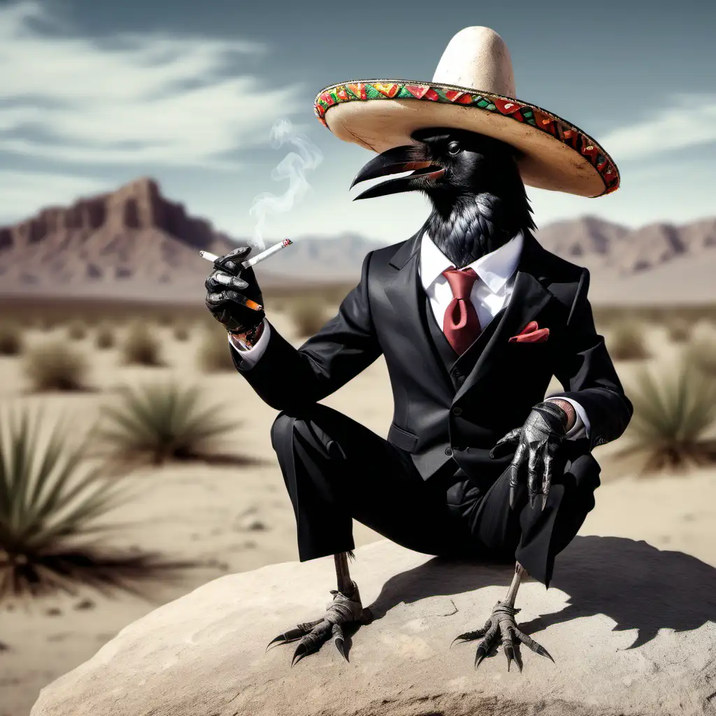 A crow wearing a suit and wearing a sombrero smoking a cigarette and sitting on a rock in a desert